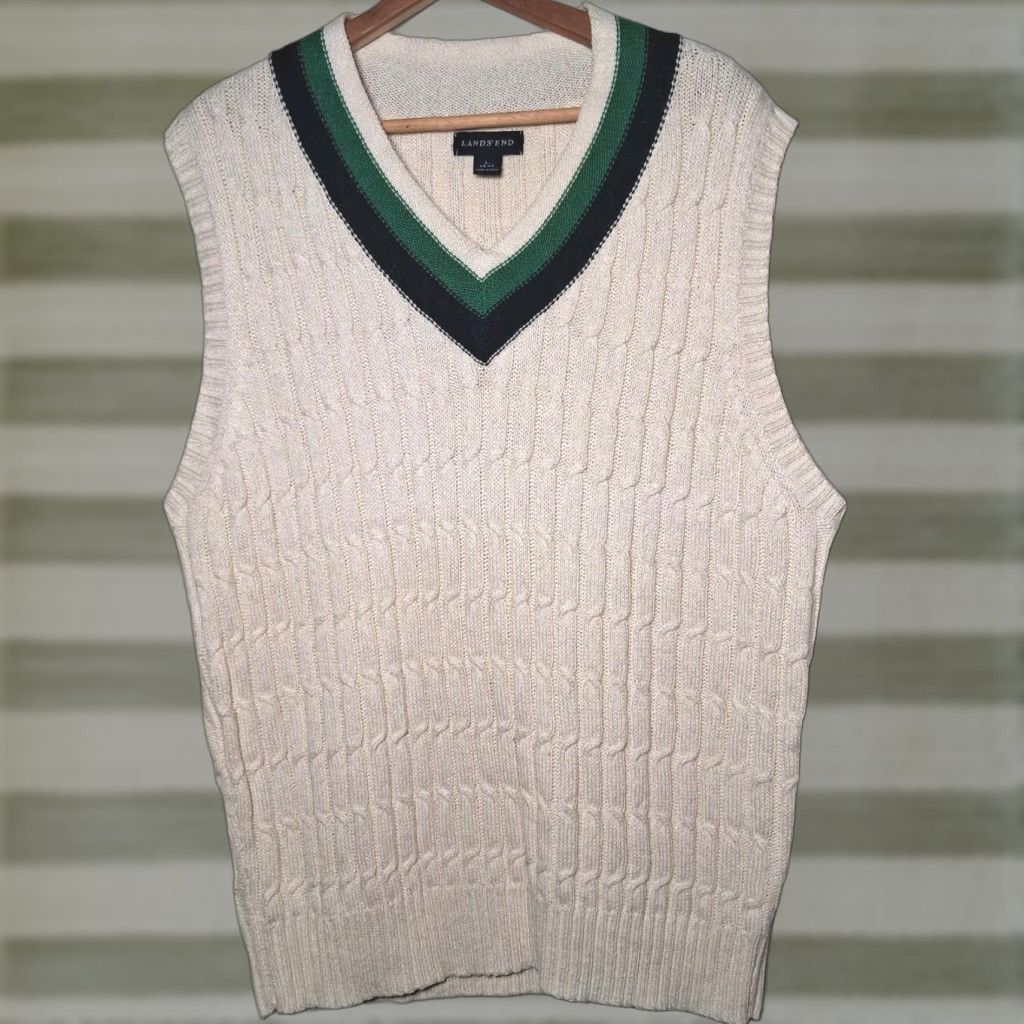 Lands' End Lands' End Sweater Vest Men L V-Neck Cable Knit Ivory Academia Preppy Linen Blend Vest, Nautical, OLD MONEY, Regular Fit, Cotton/Linen, Ivory, Mens Size US L / EU 52-54 / 3 - 1 Thumbnail