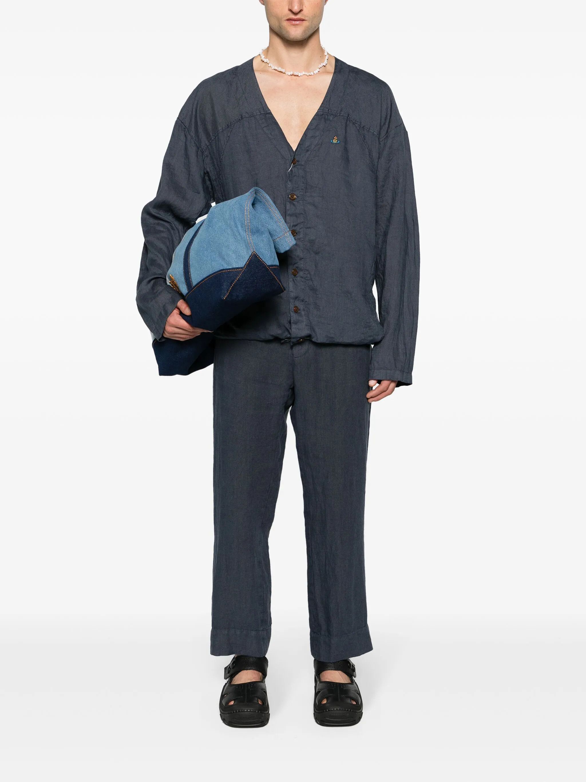 Vivienne Westwood o1f1d3z0525 Cropped Linen Trousers in Navy Blue Size US 36 / EU 52 - 2 Thumbnail