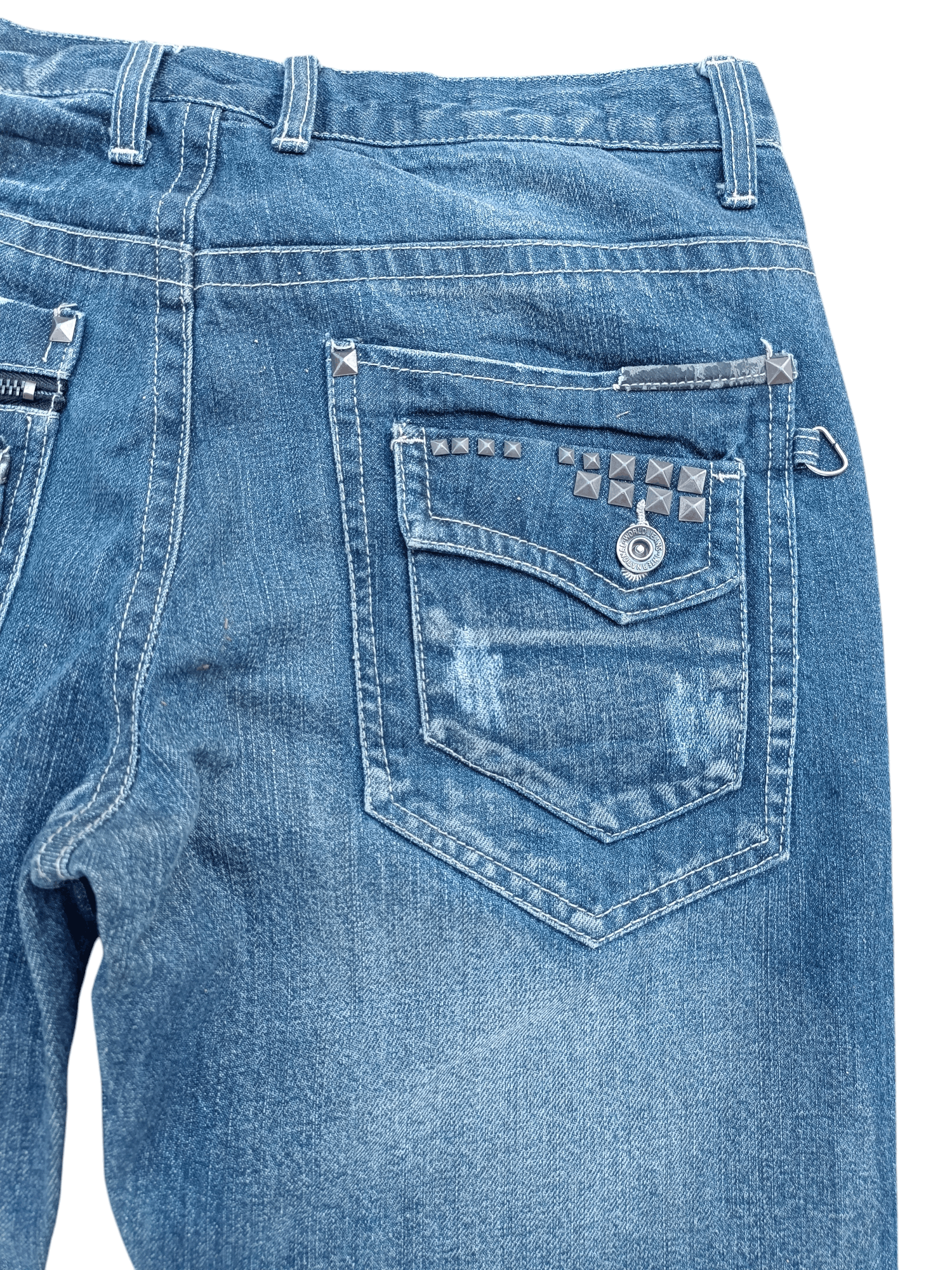 Japanese Brand NYLAUS JEANS DISTRESSED WHISKERS FADED STUD DENIM Size US 31 - 19 Thumbnail