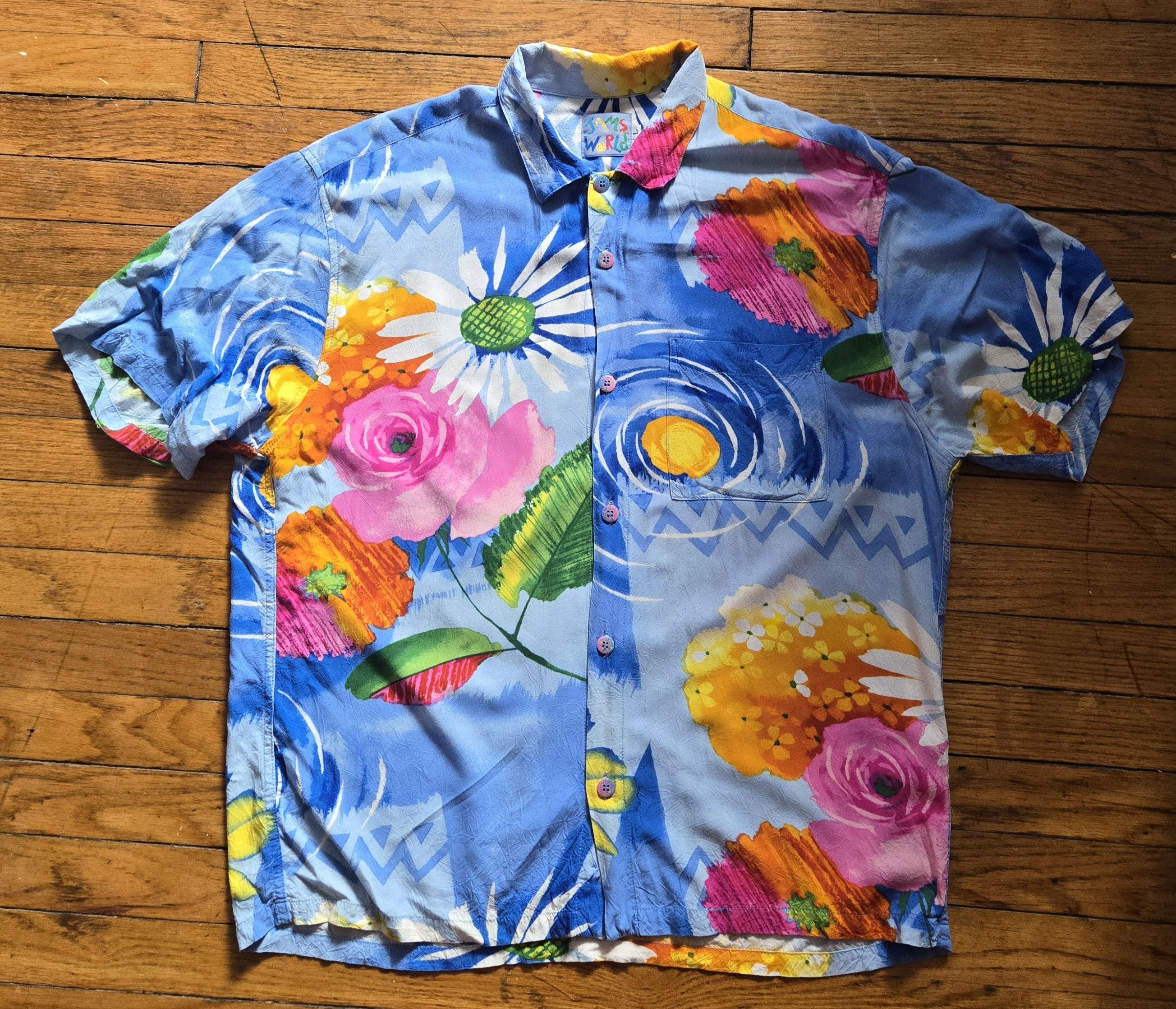 Jams World vtg 80s/90s Jams World L Blue Floral Rayon Hawaiian Shirt Size US L / EU 52-54 / 3 - 1 Thumbnail