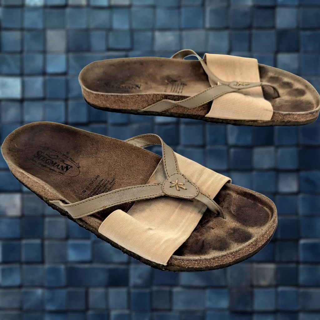 Vintage Stegmann Sandals Women 10 B Leather Cork Straps Crepe Outsole Elastic w Size US 10 / IT 40 - 1 Thumbnail