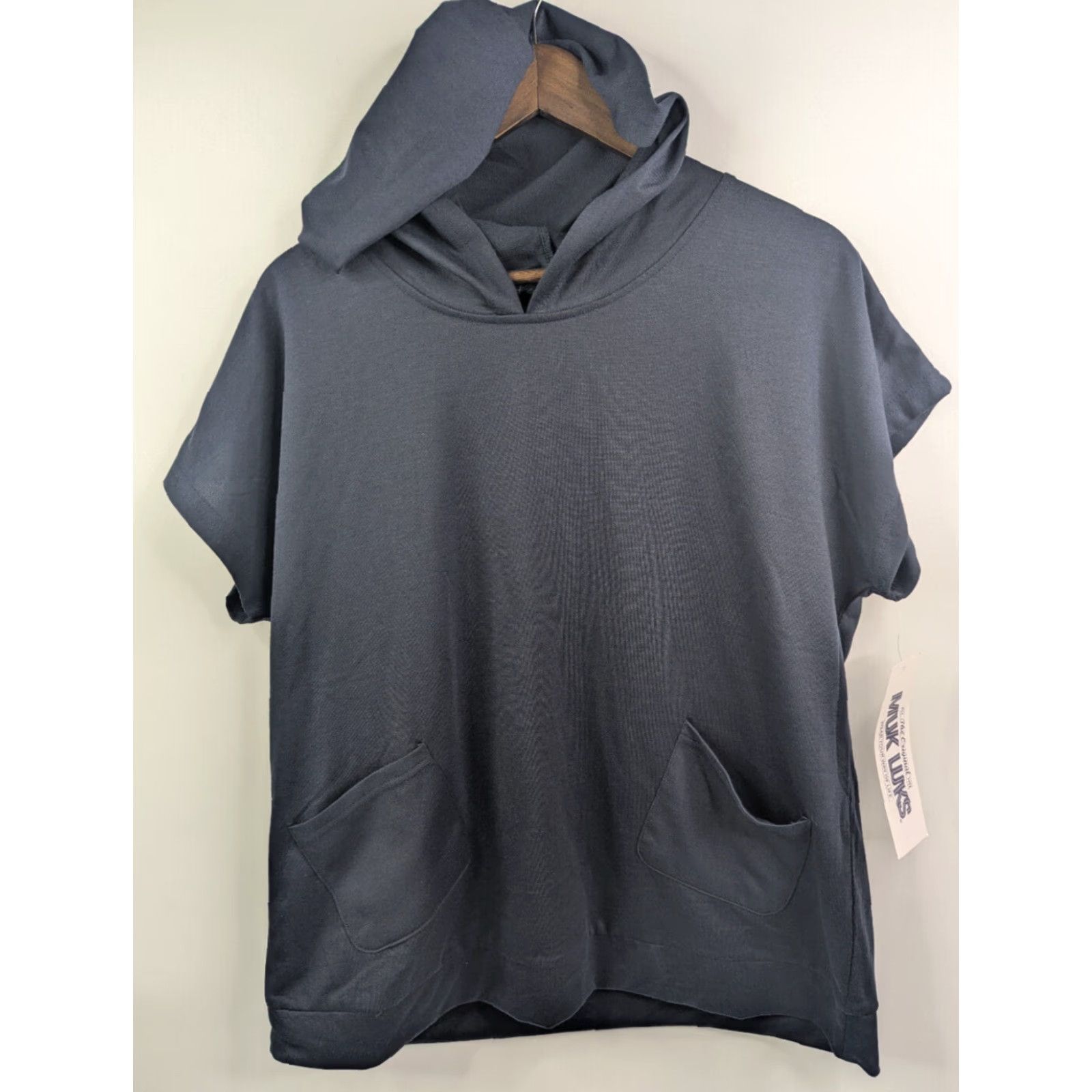 Vintage MUK LUKS Hooded Pullover Shirt Women L Navy Blue Cap Sleeve Terry Pullover Activewear Size L / US 10 / IT 46 - 2 Thumbnail