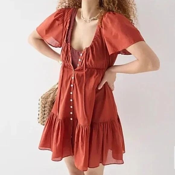 J.Crew J Crew Rust Red Cotton Voile Tiered Button Down Front Dress Size S / US 4 / IT 40 - 2 Thumbnail