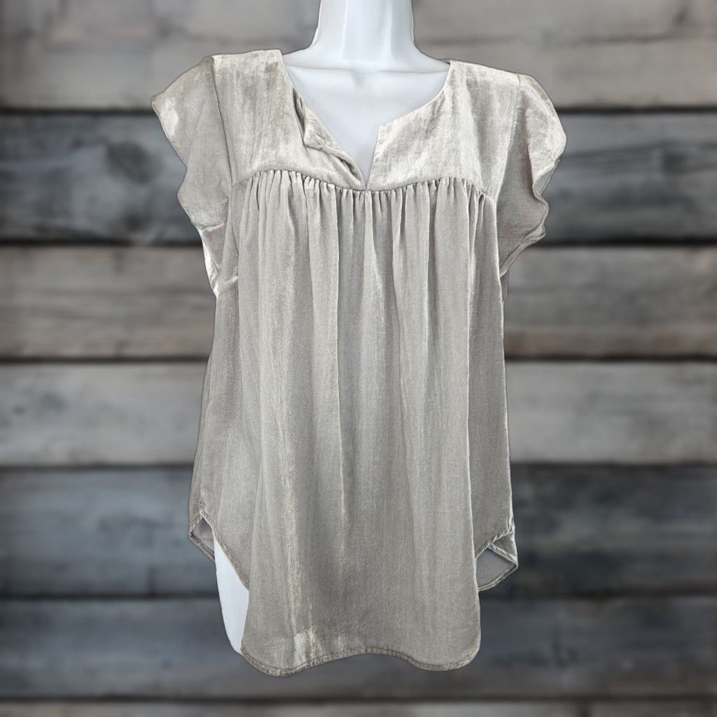 Loft Ann Taylor LOFT Velvet Top Womens Blouse SZ S Short Sleeve Gray Viscose Velvet Soft Basic Solid Size S / US 4 / IT 40 - 1 Thumbnail