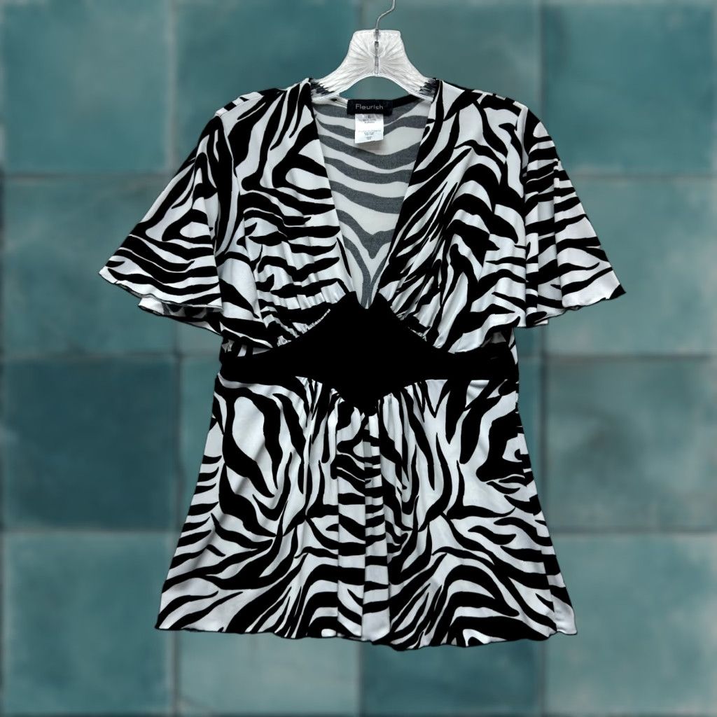 Vintage VINTAGE Y2K Top XL Black White Zebra Pattern Slinky Stretch McBling Corpcore Fleurish Shirt | Adults? (No) Size XL / US 12-14 / IT 48-50 - 1 Thumbnail
