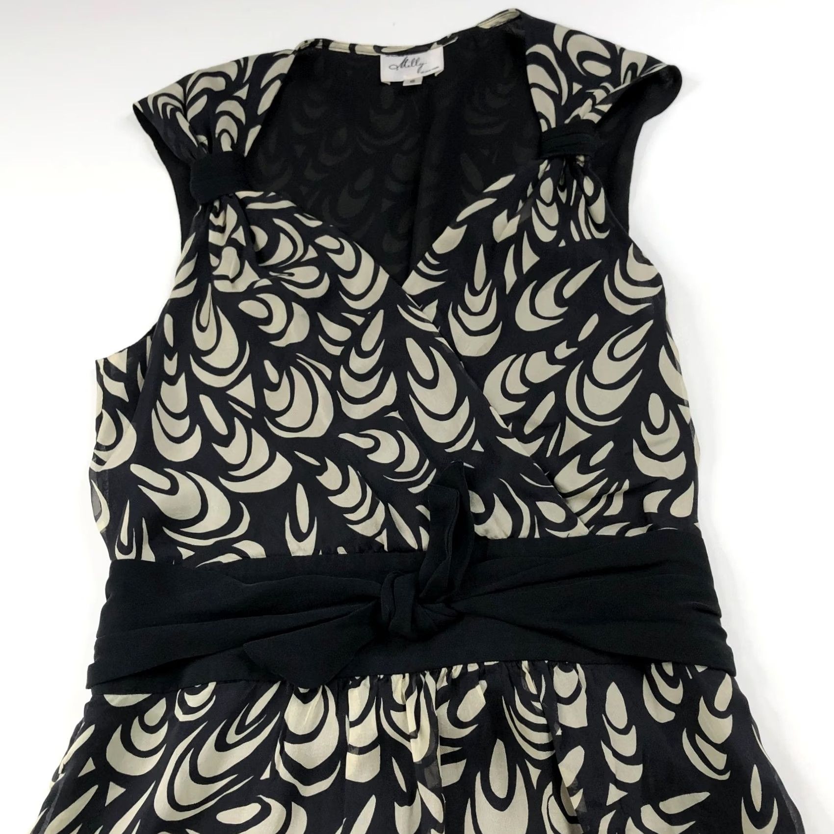 MILLY Milly Of New York 6 100% Silk Mini Dress Black Beige Ivory VTG Retro Sleeveless Round Neck Zip Short Dress Womens Size M / US 6-8 / IT 42-44 - 5 Thumbnail
