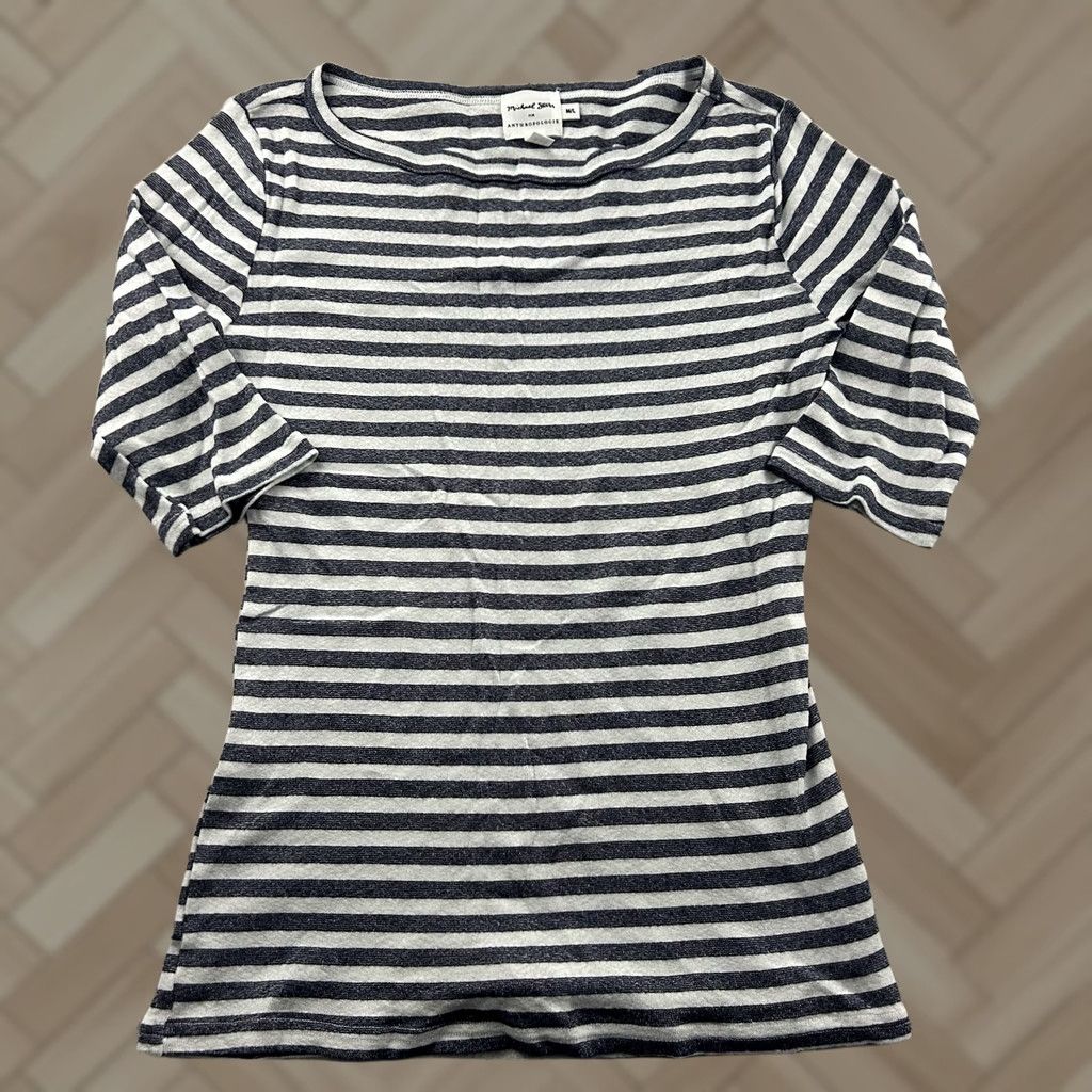 Michael Stars Michael Stars Anthropologie Shimmer Striped 1/2 Sleeve Top Women's M/L Blue Shirt Womens M Blue Striped Shimmer 1/2 Sleeve Top Size M / US 6-8 / IT 42-44 - 1 Thumbnail