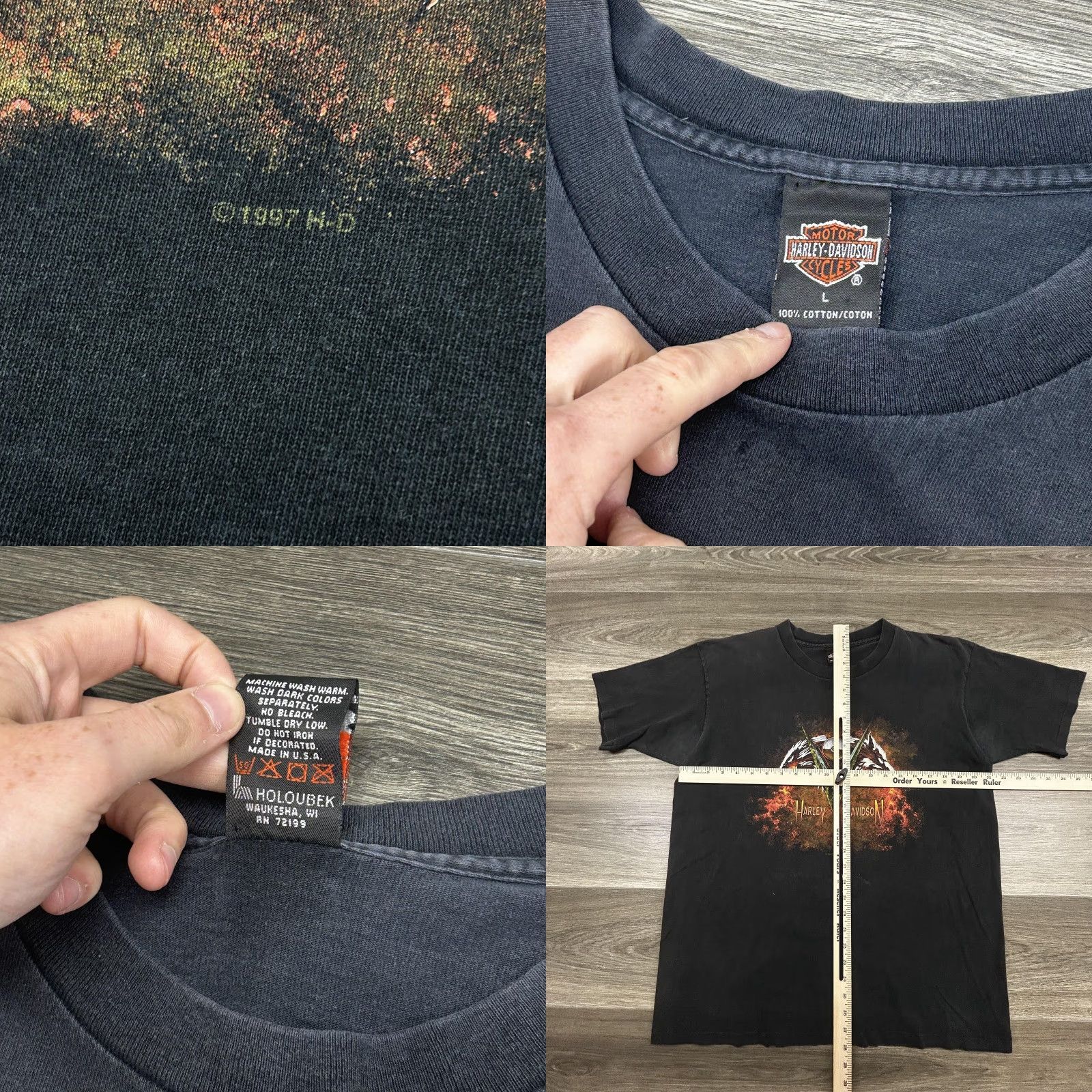 Harley Davidson VINTAGE Harley-Davidson Shirt Mens L Black Wolf V Engine 90s USA T-Shirt Graphic Print Front Back Size US L / EU 52-54 / 3 - 8 Thumbnail