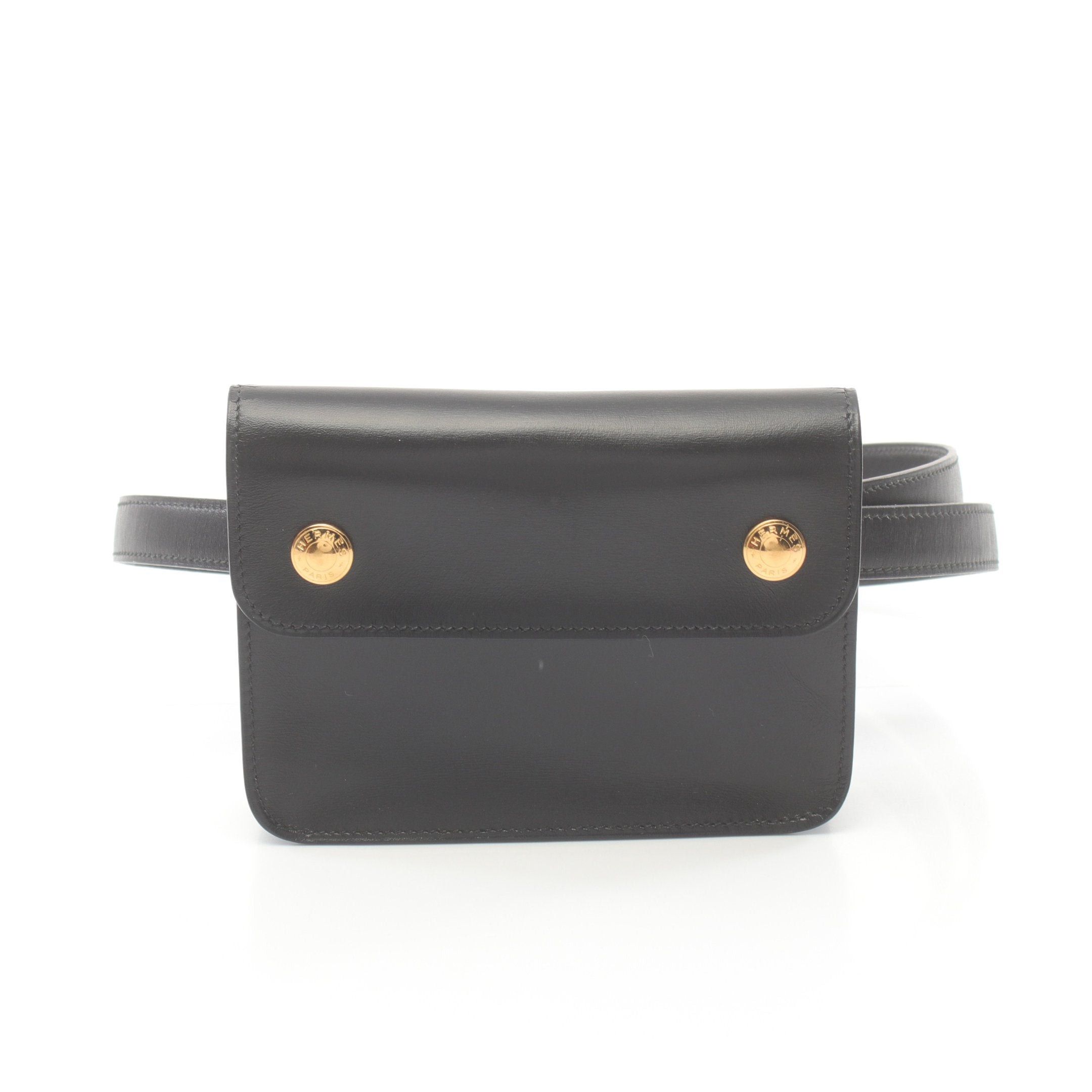 Hermes Pochette Green Waist Bag Body Box Calf Black Gold Hardware □ A Stamp