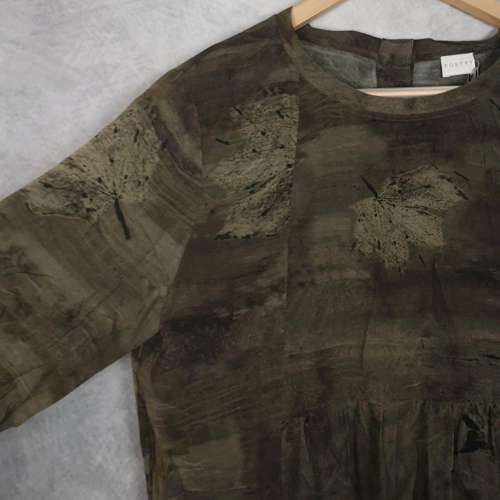 Vintage Poetry Dress Womens 8 Green Brown Silk Trapeze Swing Pockets Leaf Print Size M / US 6-8 / IT 42-44 - 5 Thumbnail