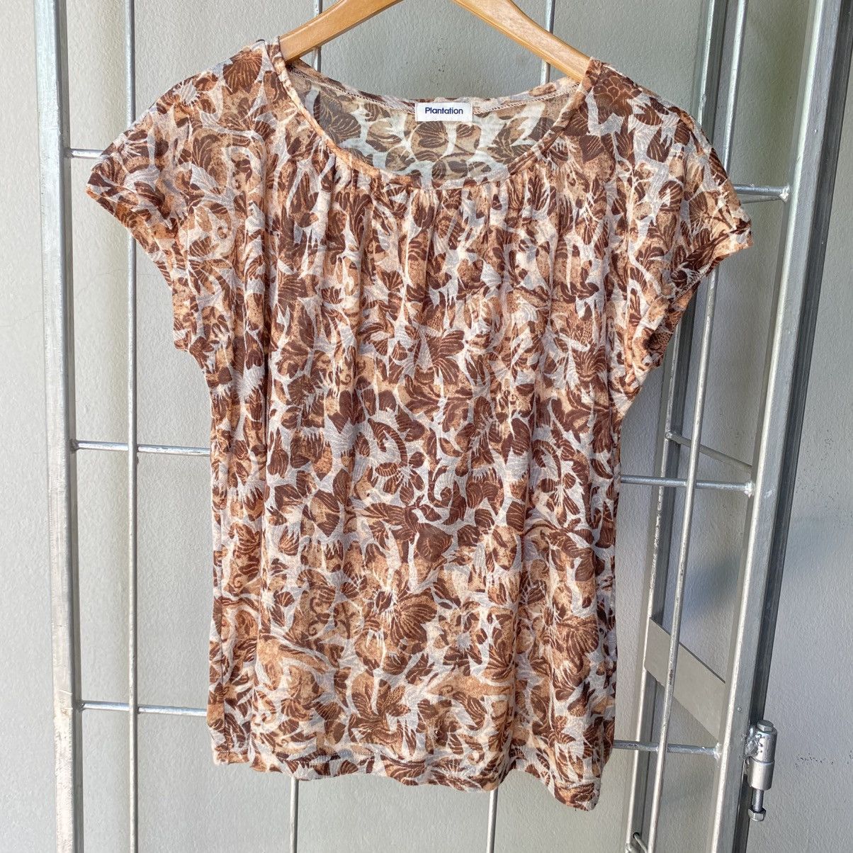 Issey Miyake Plantation Brown Leaf Print Short Sleeve Blouse Size M / US 6-8 / IT 42-44 - 13 Thumbnail