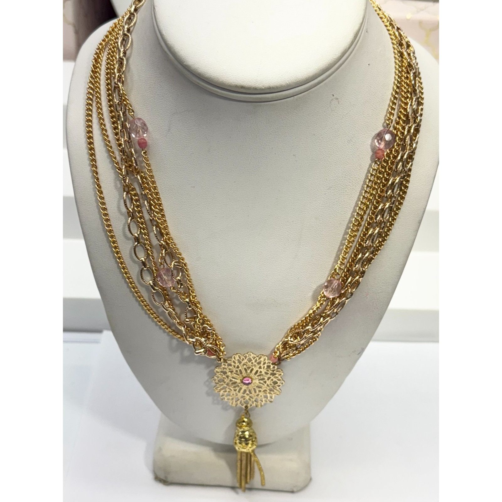 Vintage Vintage pink multi chain pink crystal filigree tassel neckla Size ONE SIZE - 5 Thumbnail