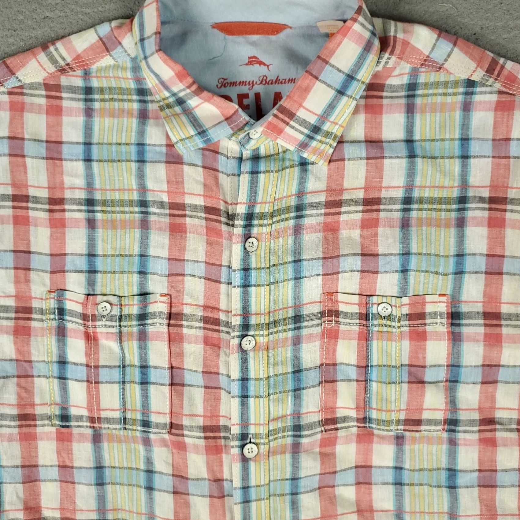 Tommy Bahama Tommy Bahama Shirt Mens Large Pink Blue Linen Plaid Hawaiian Button Up Shirt Size US L / EU 52-54 / 3 - 2 Thumbnail