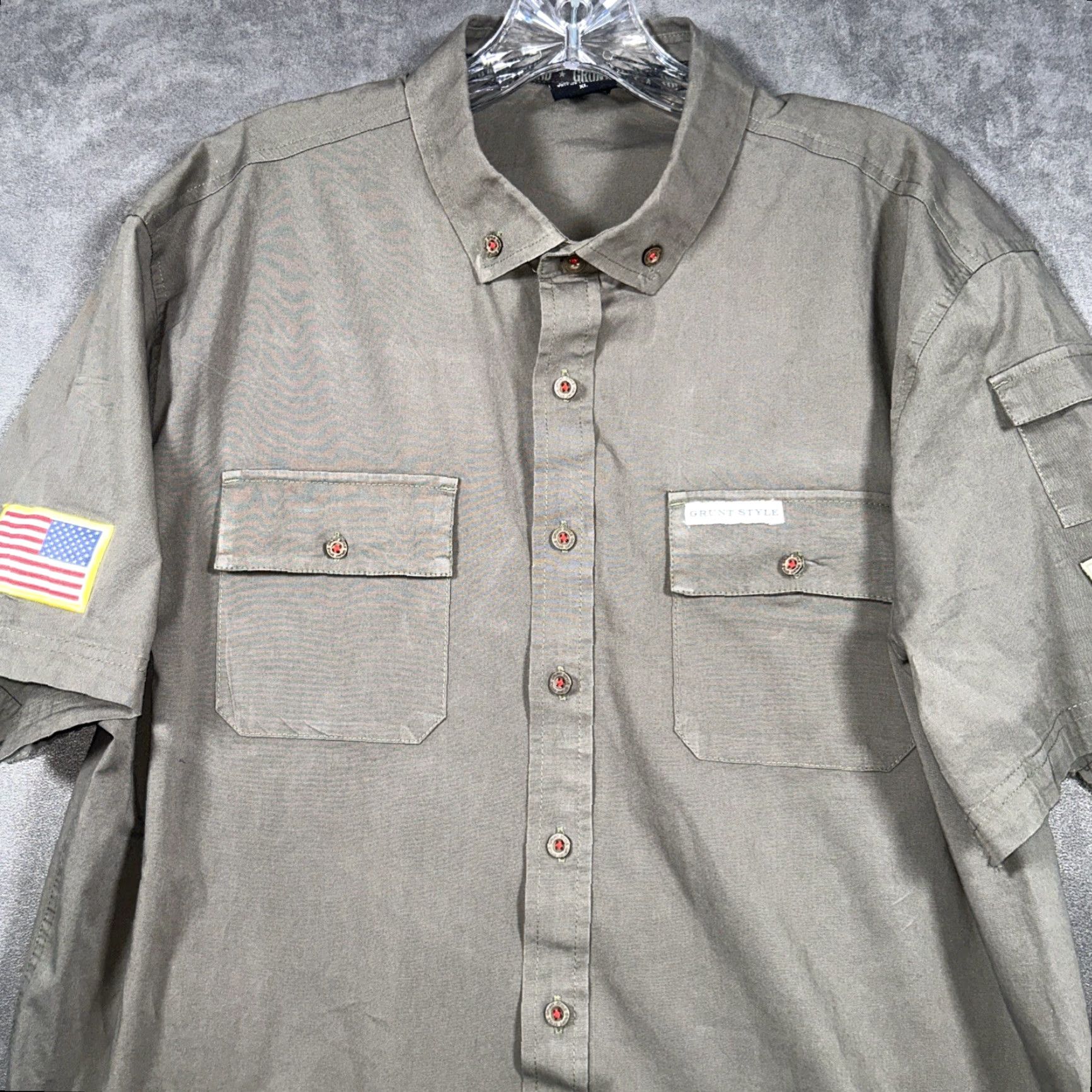 Olive VINTAGE Grunt Style Button-Down Shirt Short Sleeve Mens XL Olive Green Rippped Sleeves Size US XL / EU 56 / 4 - 2 Thumbnail