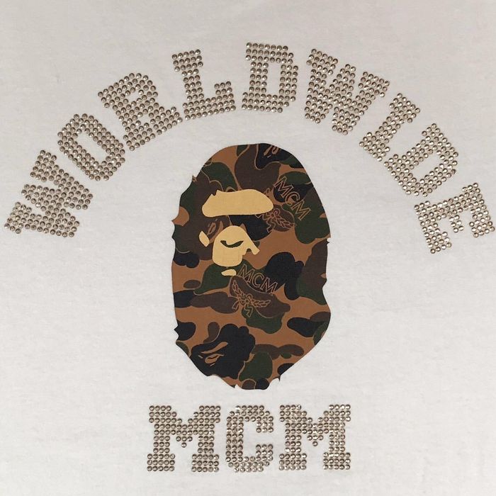 Bape BAPE × MCM Rhinestone College Logo T-shirt a bathing ape