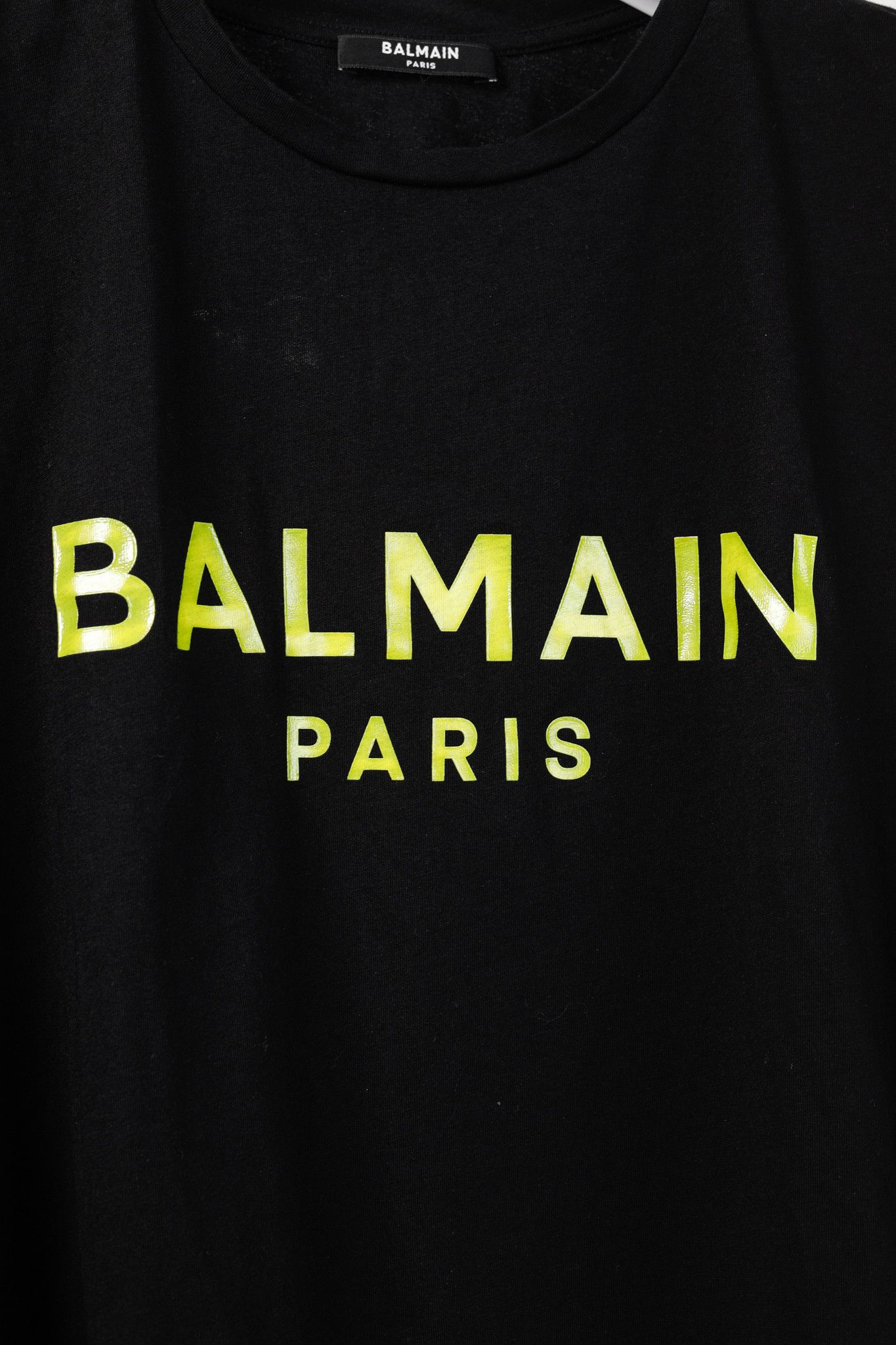 Balmain Balmain Black Cotton Cropped Lime-Logo-Print T-Shirt Size L / US 10 / IT 46 - 6 Thumbnail