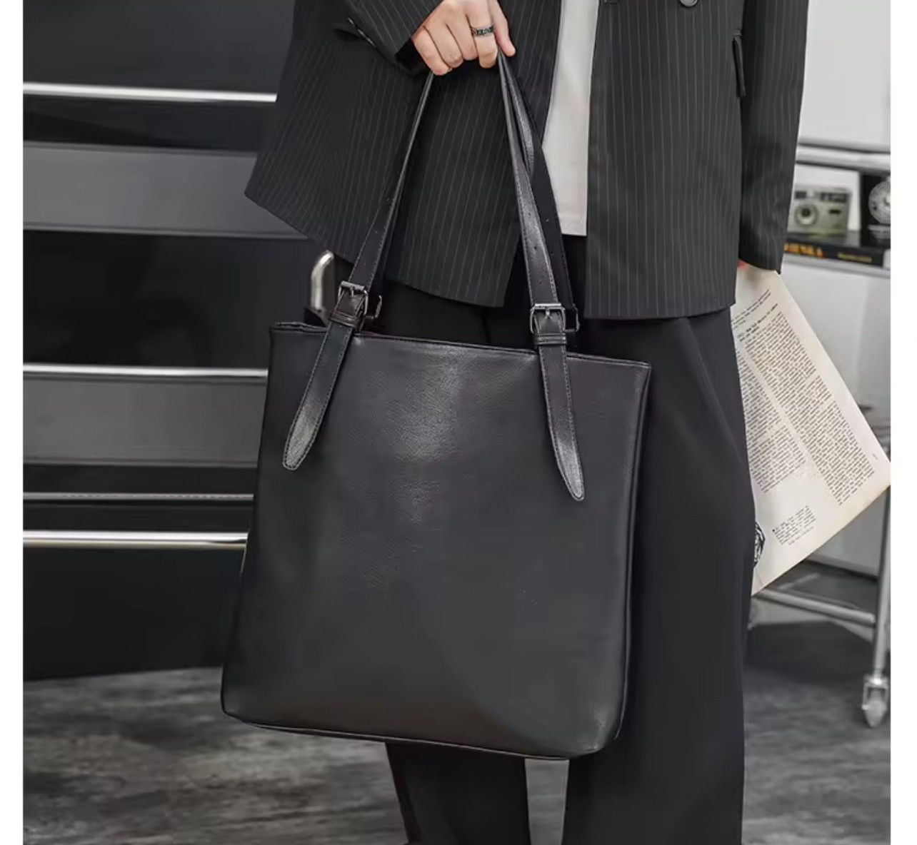 Soft Leather Tote Bag in Black, Men's