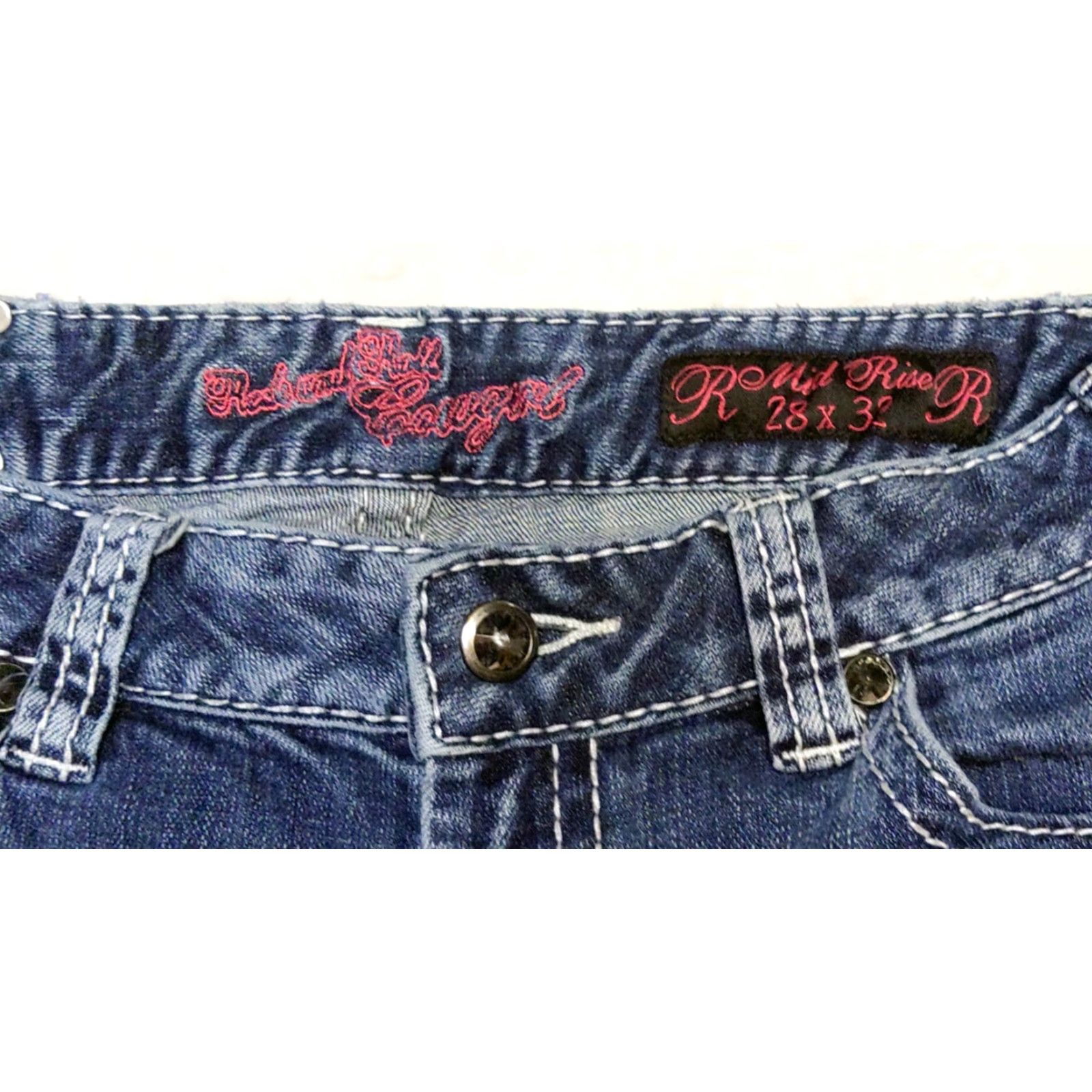 Denime Rock And Roll Cowgirl Jeans Women's 28x30 Mid Rise Bootcut Denim Blue Rhinestone 5-Pocket Stretch Comfort Size 28" / US 6 / IT 42 - 6 Thumbnail