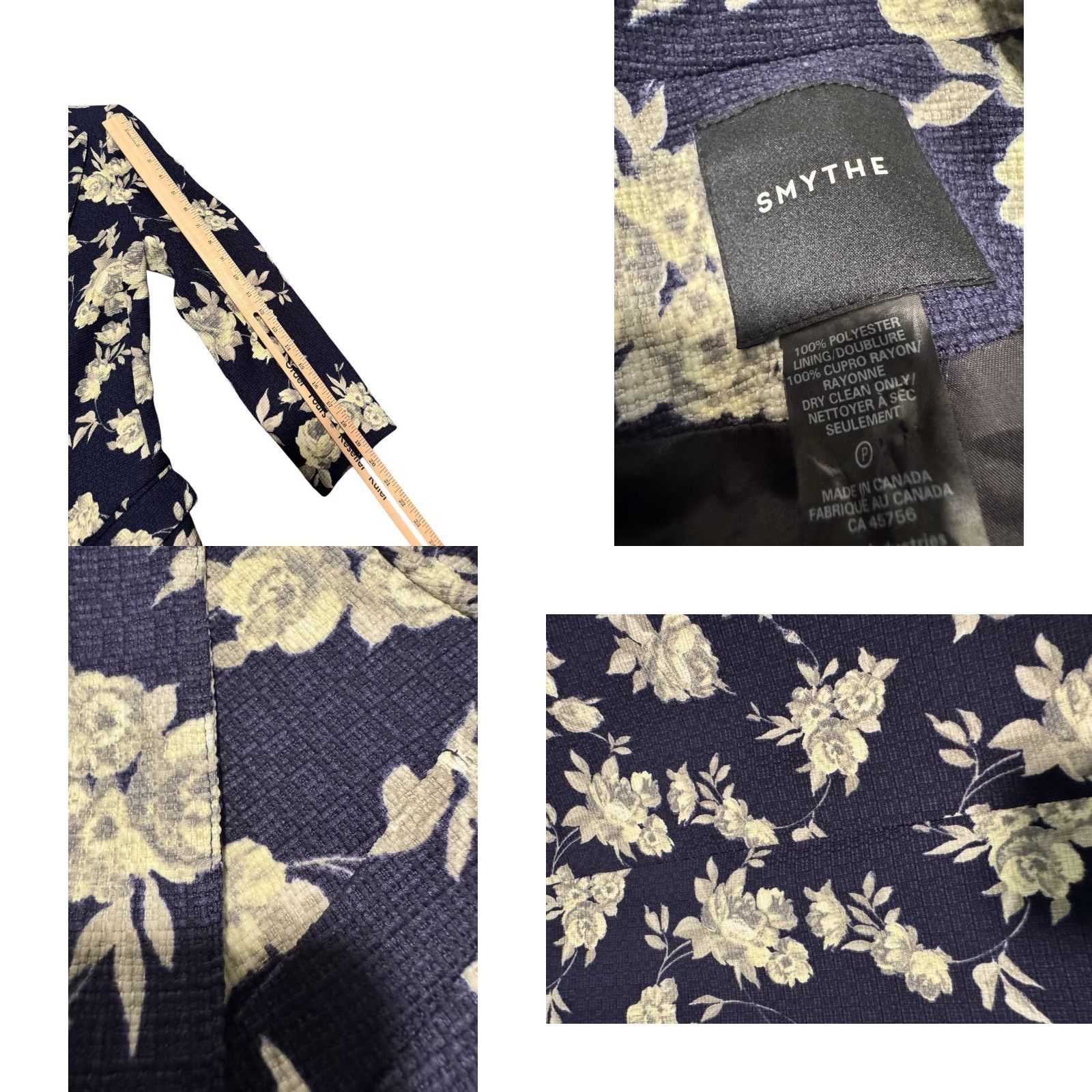 SMYTHE Smythe Blazer Women Floral Navy One-Button Size 4 Blue Tweed Linen Short Coat Jacket Business Casual Fall Spring Winter Canada Size S / US 4 / IT 40 - 10 Thumbnail