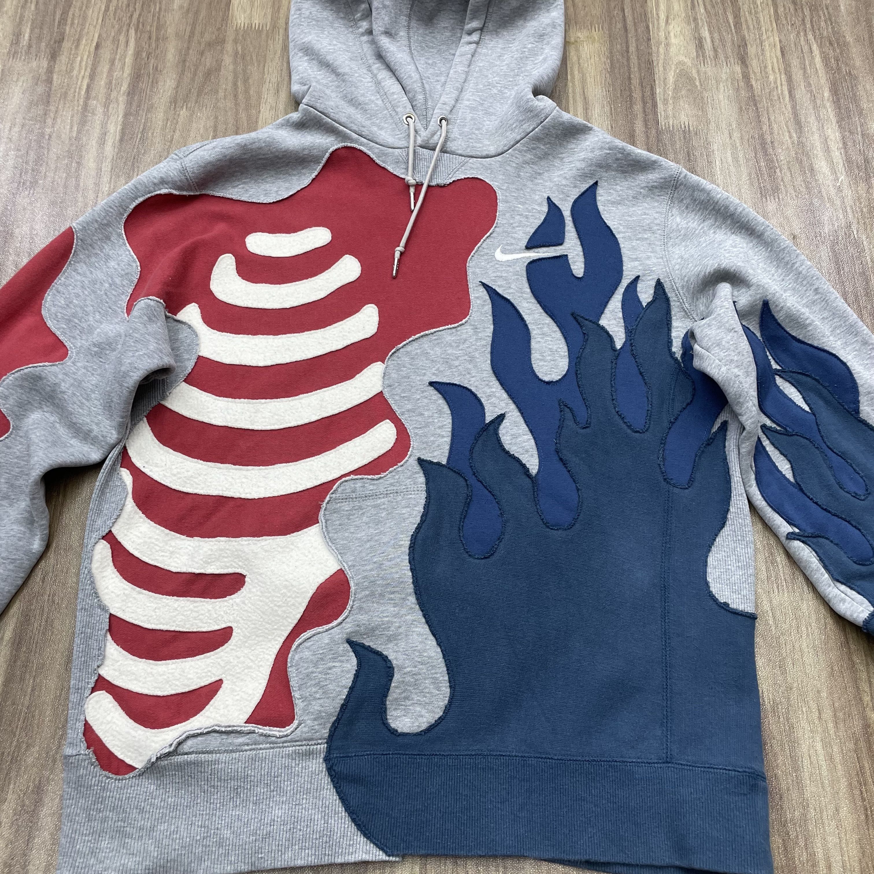 Vintage Custom Reworked Nike Skeleton Flame Patchwork Hoodie 1of1 Size US M / EU 48-50 / 2 - 2 Thumbnail