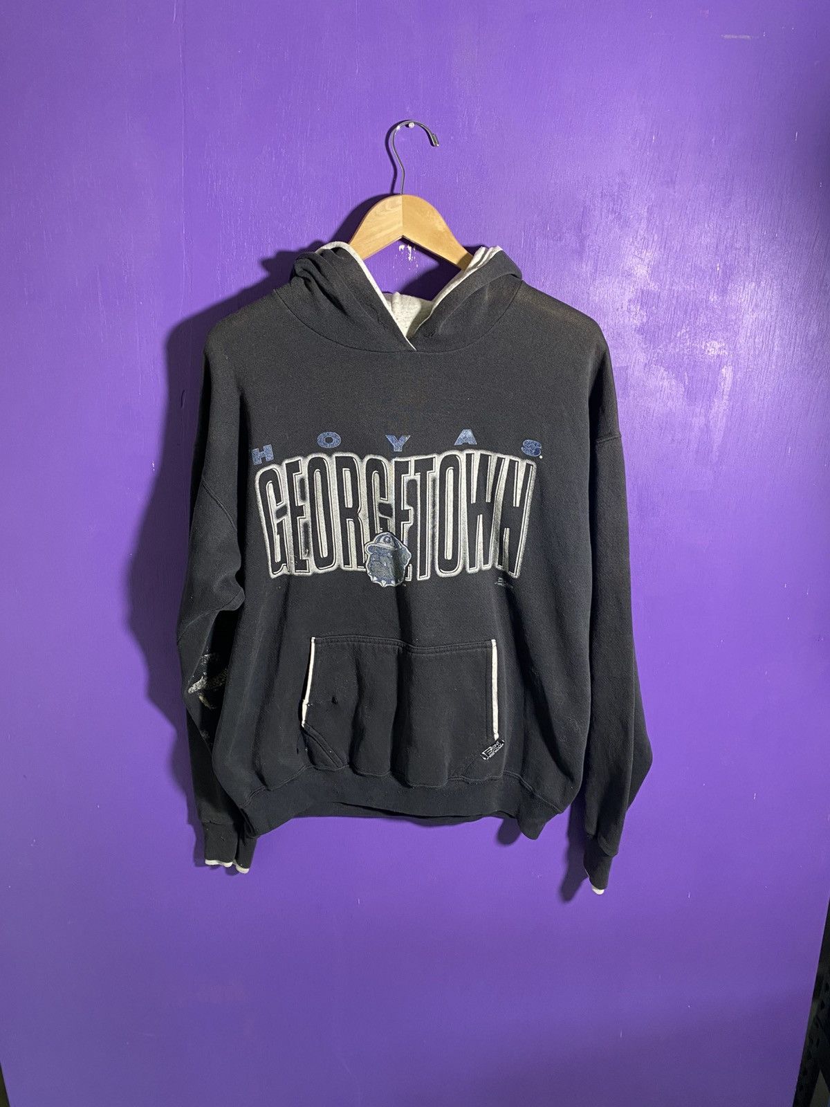 Vintage Vintage 90s Georgetown Hoyas two tone faded hoodie Size US XL / EU 56 / 4 - 1 Thumbnail