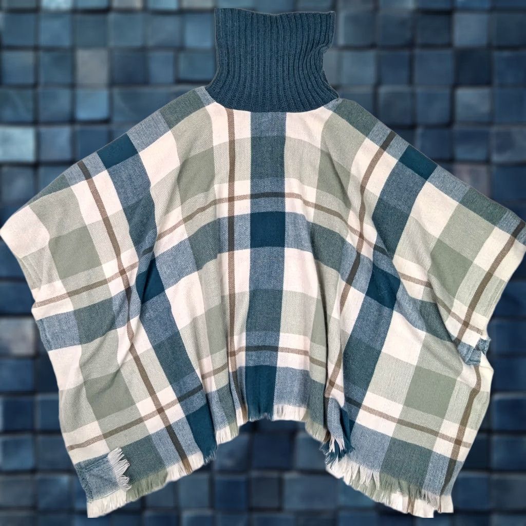 Vintage VINTAGE Simply Noelle Plaid Knit Turtleneck Poncho Shirt Womens One Size Blue Turquoise Cream Wool? Size ONE SIZE - 1 Thumbnail