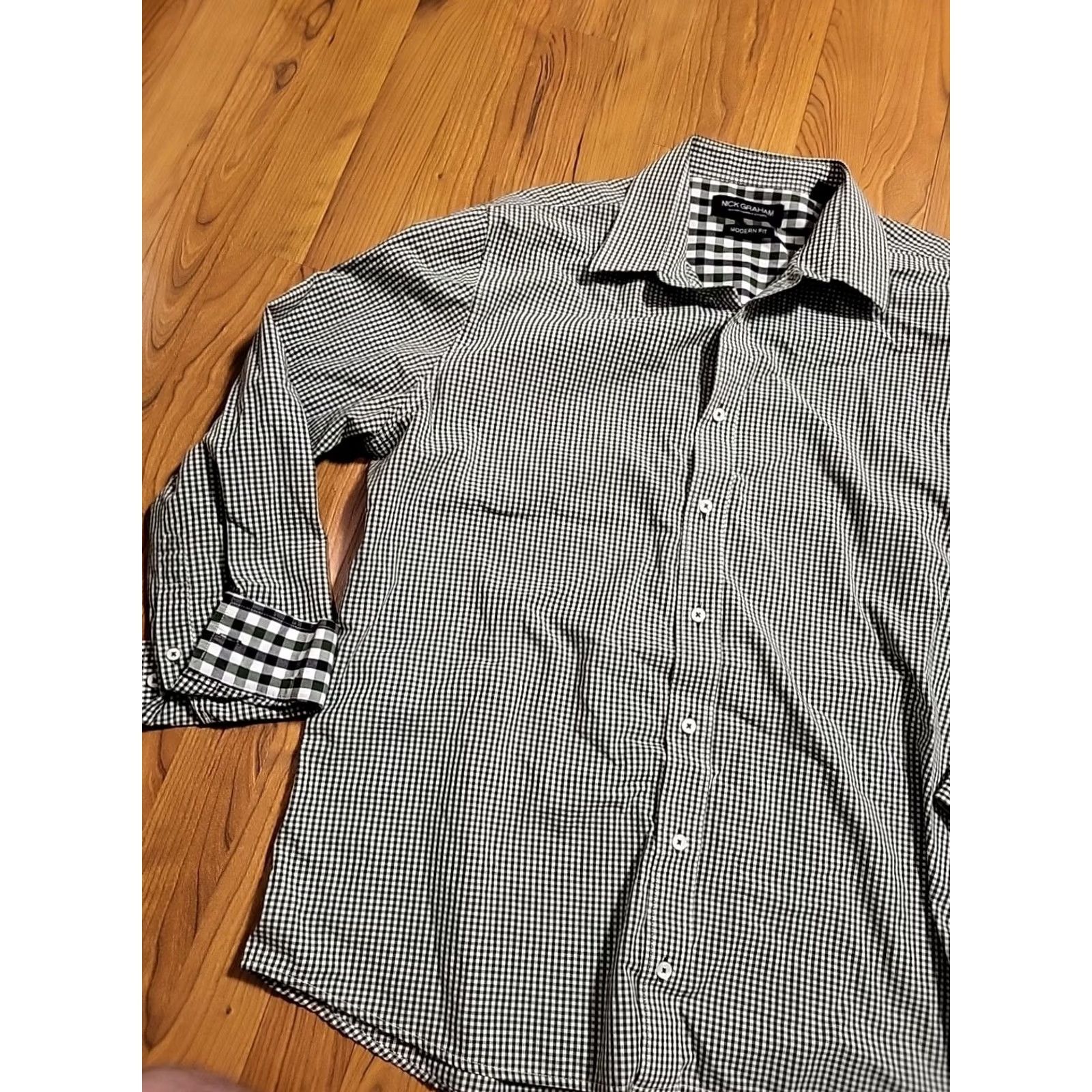 Vintage Nick Graham Modern Fit Button-Up Green White Checker XL Long Sleeve Mens Shirt Size US XL / EU 56 / 4 - 7 Thumbnail