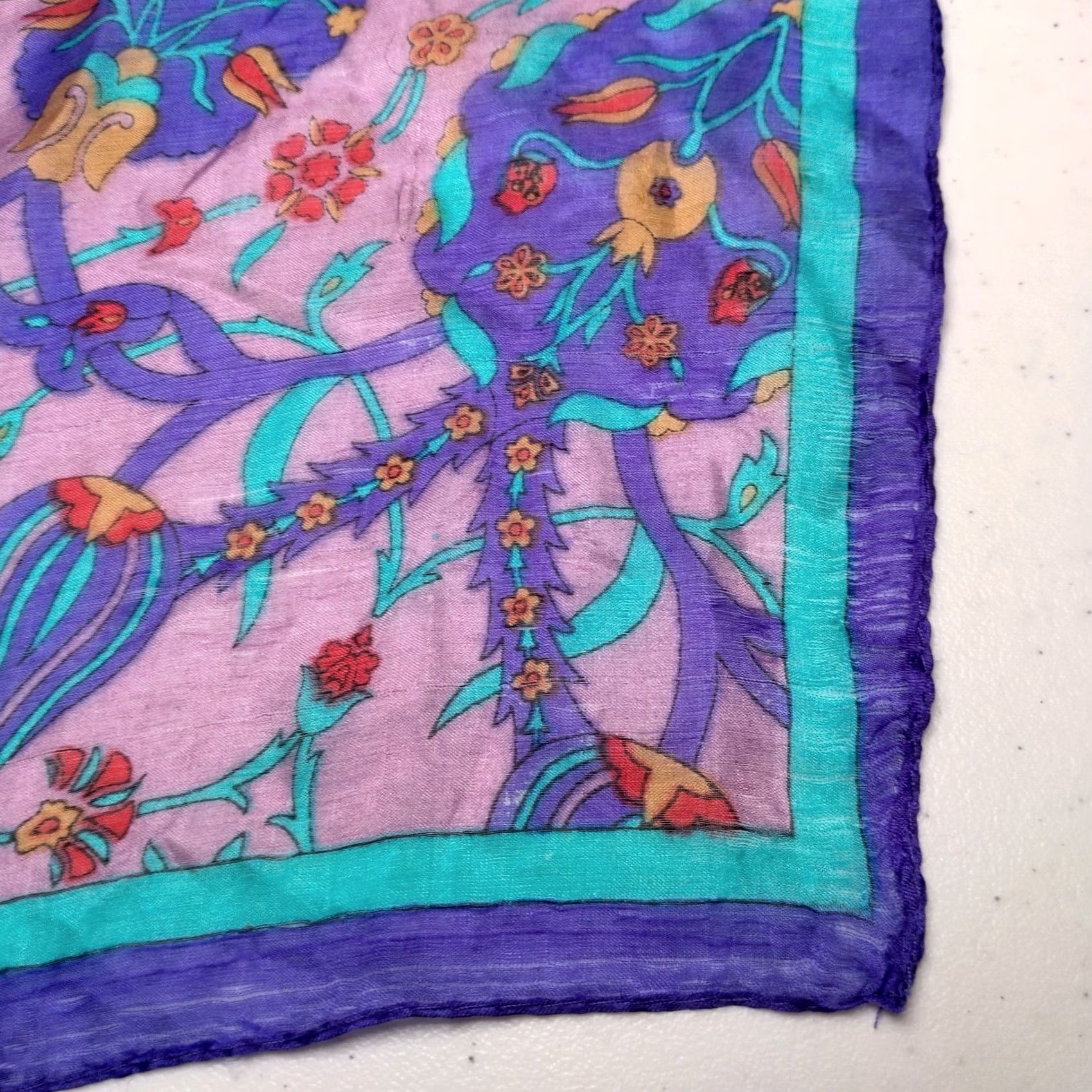 Vintage VINTAGE Scarf Purple Blue Gold Floral Medallion Rectangle Distressed Silk 18.5x67" READ Womens Size ONE SIZE - 4 Thumbnail
