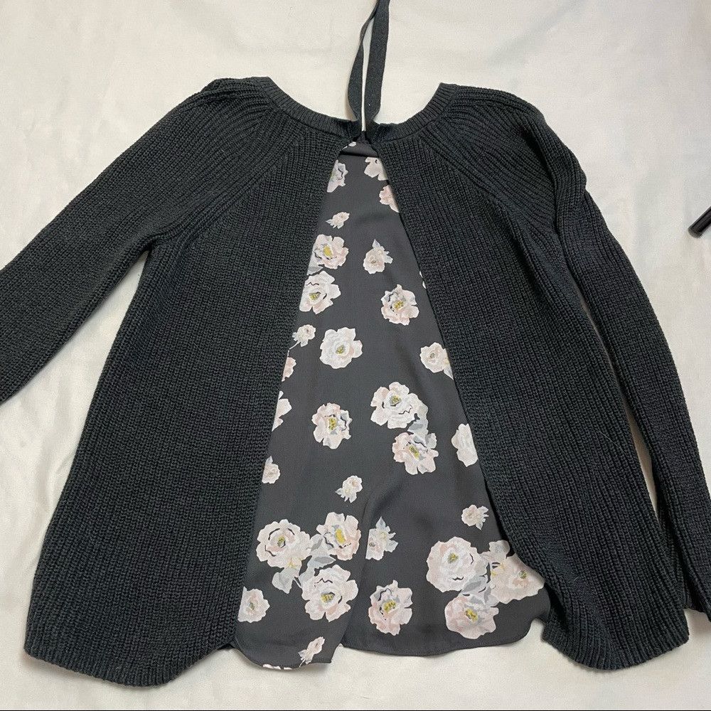 Loft New LOFT Floral Chiffon Tie Back Ribbed Cotton Gray Sweater Size M / US 6-8 / IT 42-44 - 6 Thumbnail