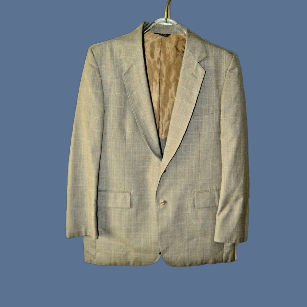 Bill Blass Bill Blass Men 100% Wool Blazer Beige Sport Coat Sz 42L Classic Two Button Plaids & Checks Long Coat Mens Beige Bill Blass Wool Blazer 42L Sport Coat Size 42R - 1 Thumbnail