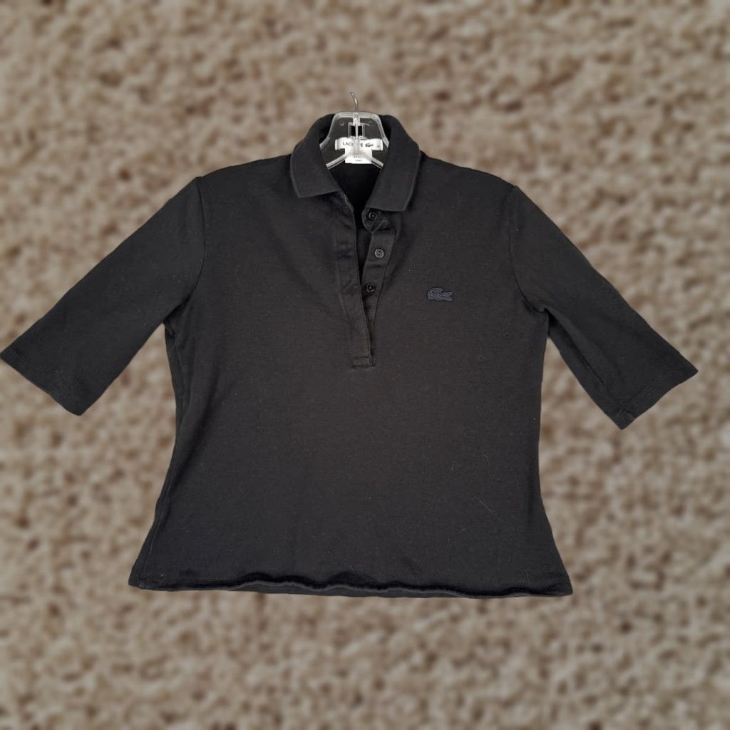 Lacoste Shirt Women 36 Black Short Sleeve Slim 100% Cotton Jersey Croc Logo Polo