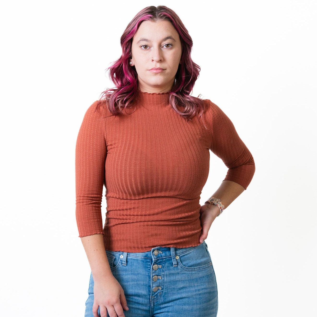 Designer Salmon Frilly Hem Ribbed 3/4 Sleeve Top Size S / US 4 / IT 40 - 3 Thumbnail