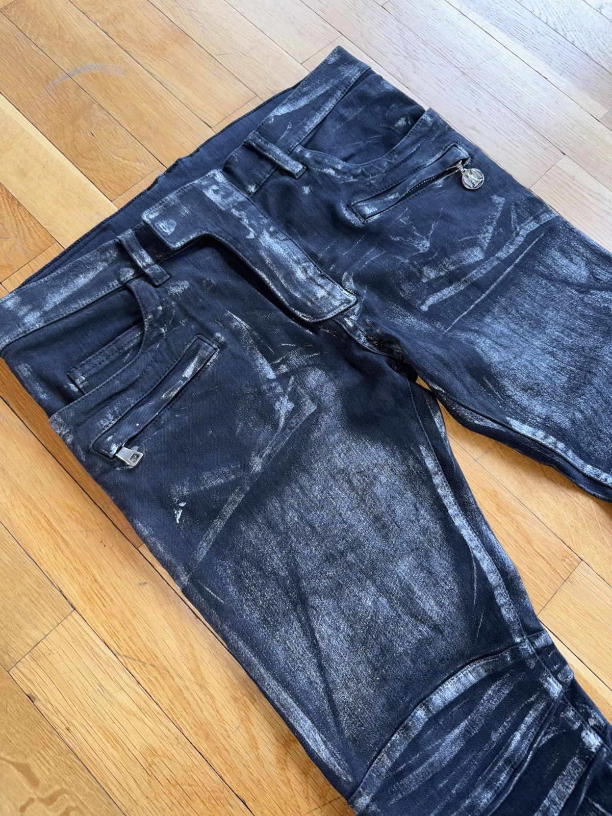 Balmain Balmain SS11 Decarnin Era Silver Glitter Waxed Biker Jeans Size US 31 - 2 Thumbnail