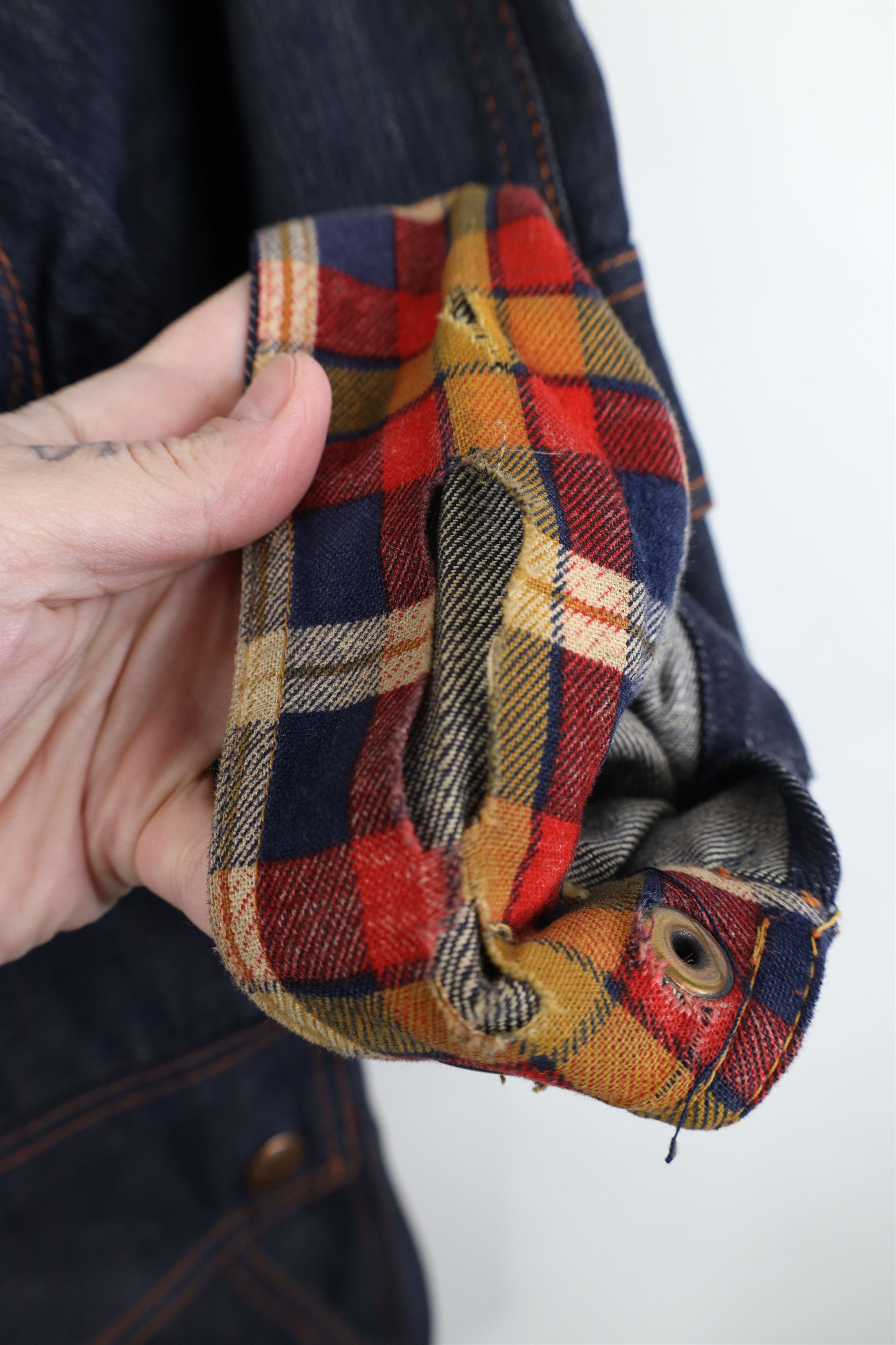 Vintage Vintage 70s Streetwear Plaid Trim Denim Chore Jacket Indigo Size US M / EU 48-50 / 2 - 4 Thumbnail