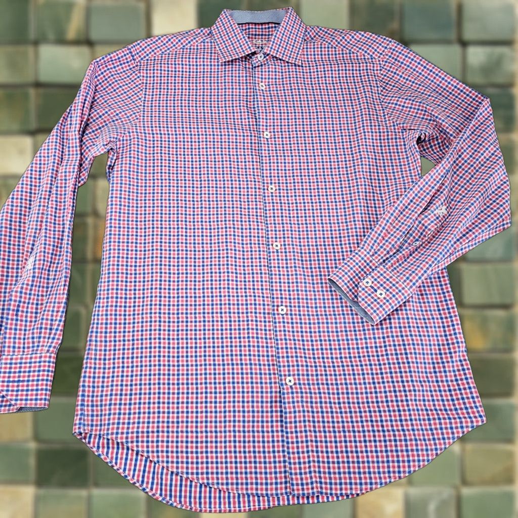 BUGATCHI Bugatchi Uomo Dress Shirt Mens 15 32/33 Blue Pink Gingham Check Woven Cotton Multi Size 40R - 1 Thumbnail