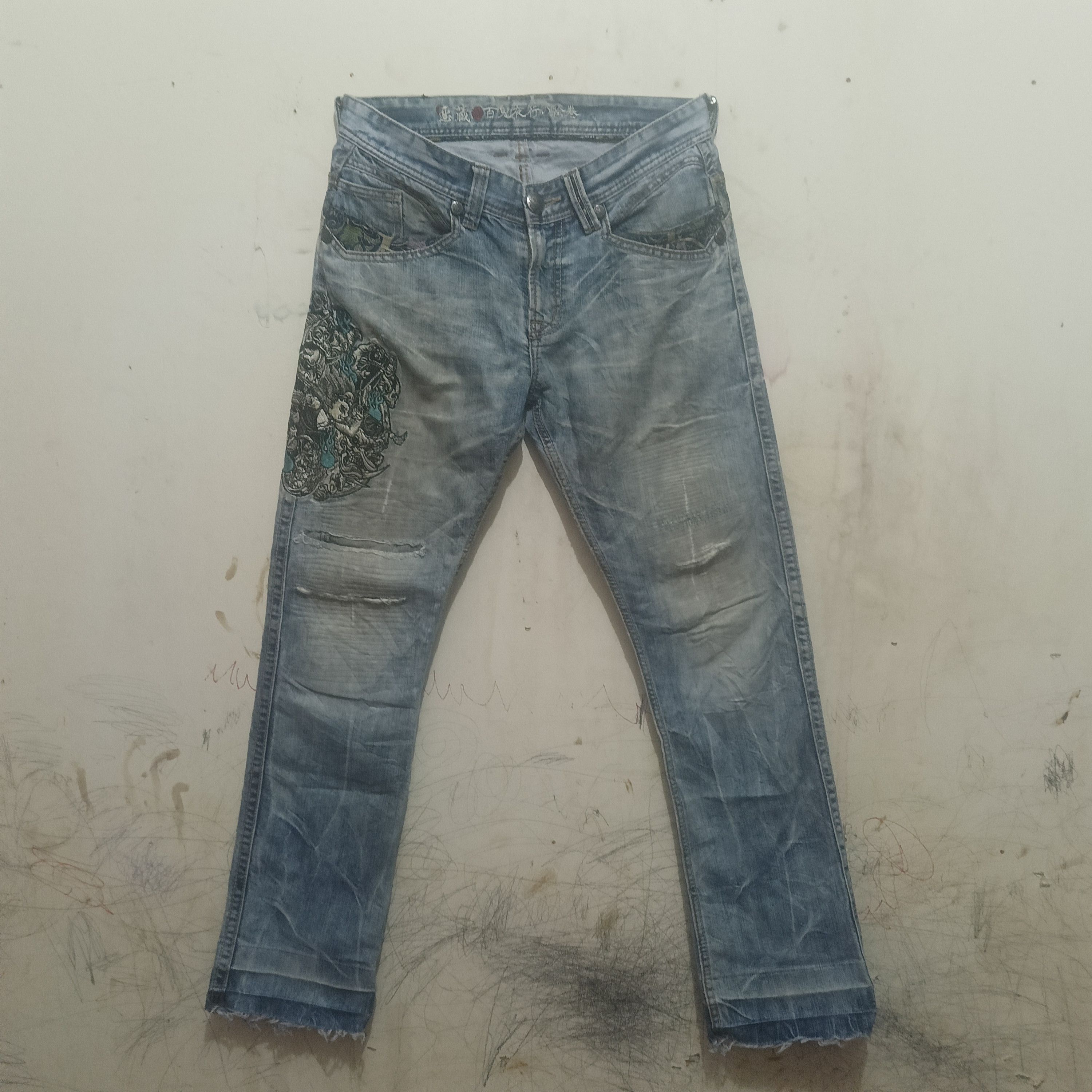 Karakuri Tamashii Japan Jizo Bosatsu Distressed Thrashed Jeans Karakuri style Size US 31 - 3 Thumbnail
