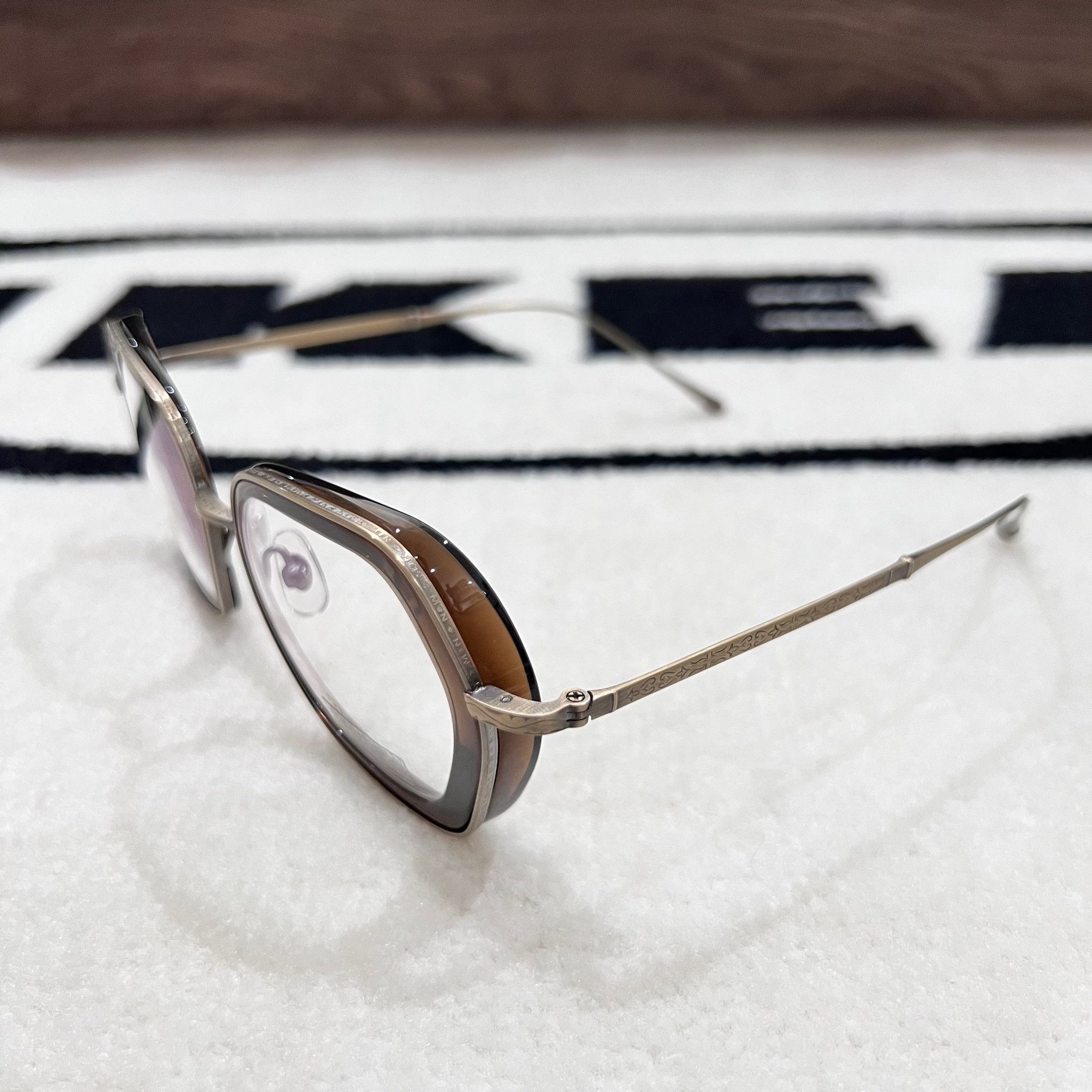 Matsuda Matsuda M3074 Rectangular Eyeglasses Taupe / Antique Gold Size ONE SIZE - 3 Thumbnail