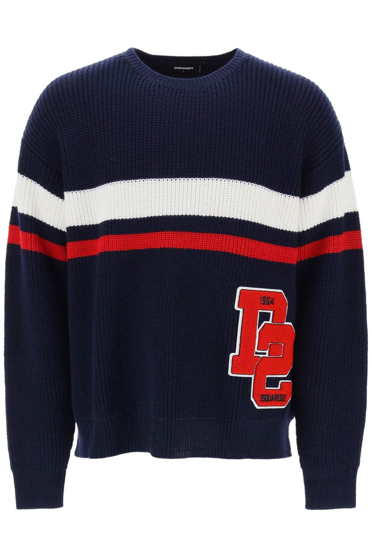 image of Dsquared2 Wool Sweater With Varsity Patch in Blue White Red, Men's (Size XL)