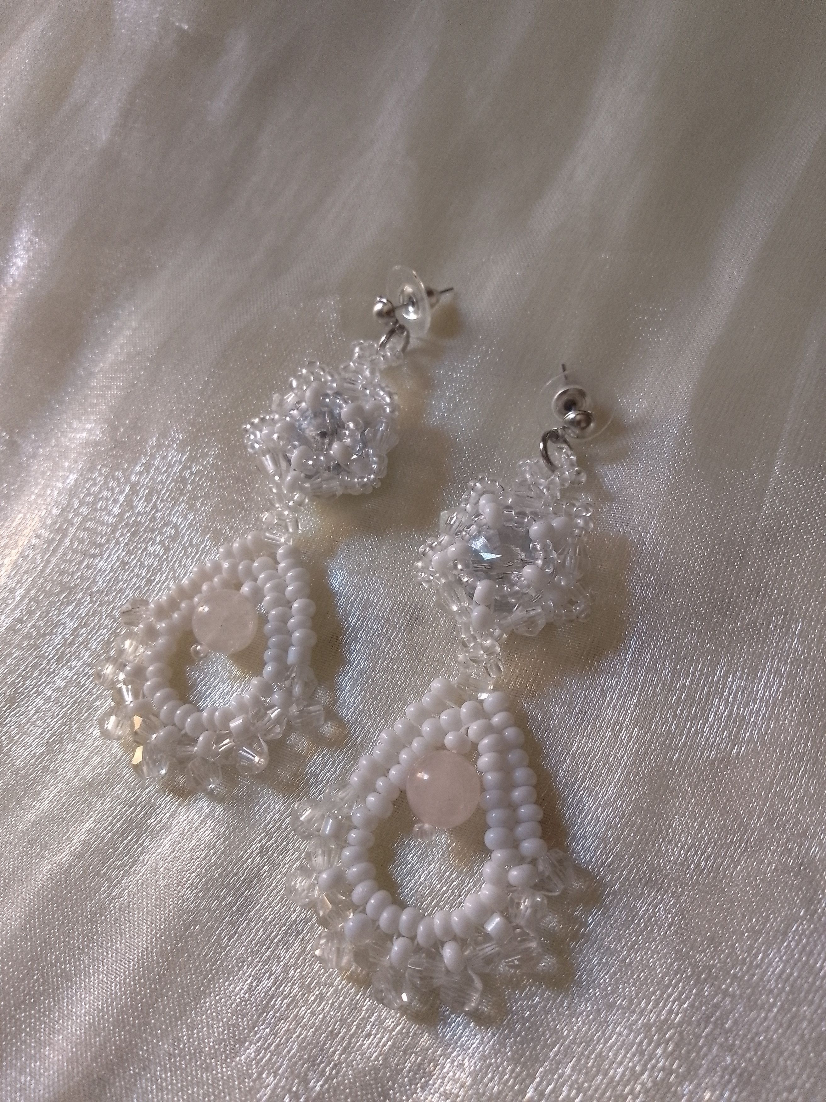Handmade White Earrings bell shape Rose quartz gemstones Size ONE SIZE - 2 Thumbnail