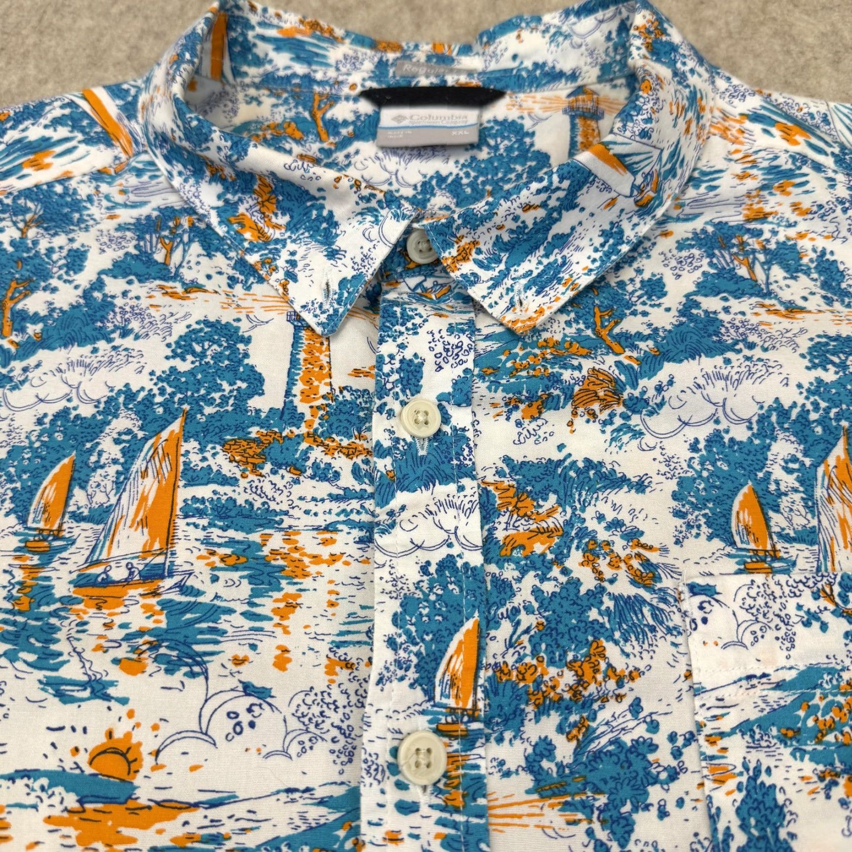 Nautica Columbia Shirt Mens 2XL Blue Nautical Sailboat Lighthouse Short Sleeve Button Up Size US XXL / EU 58 / 5 - 4 Thumbnail