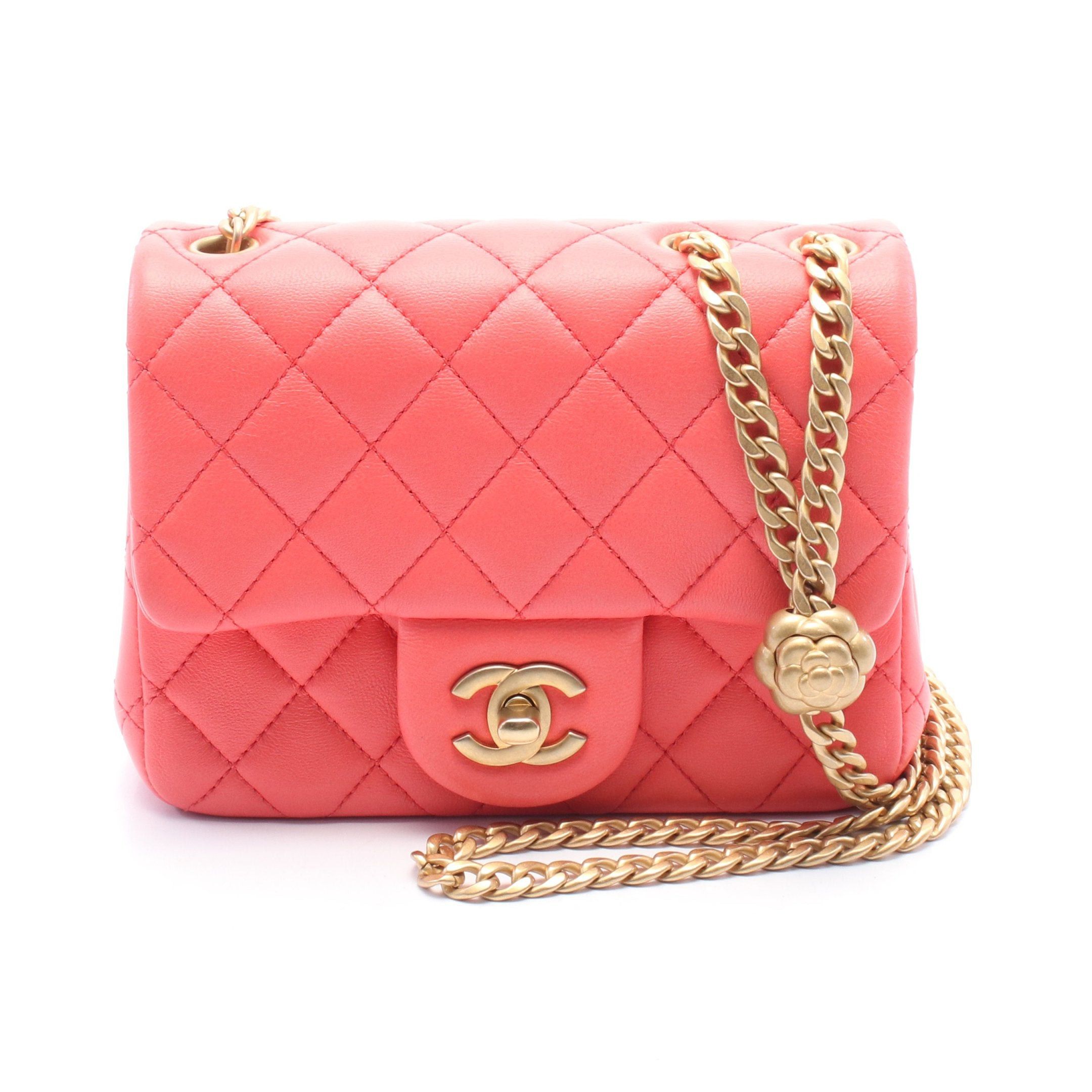 Chanel Mini Matelasse Camellia Chain Shoulder Bag Leather Coral Pink Matte Gold Hardware in Orange, Women's