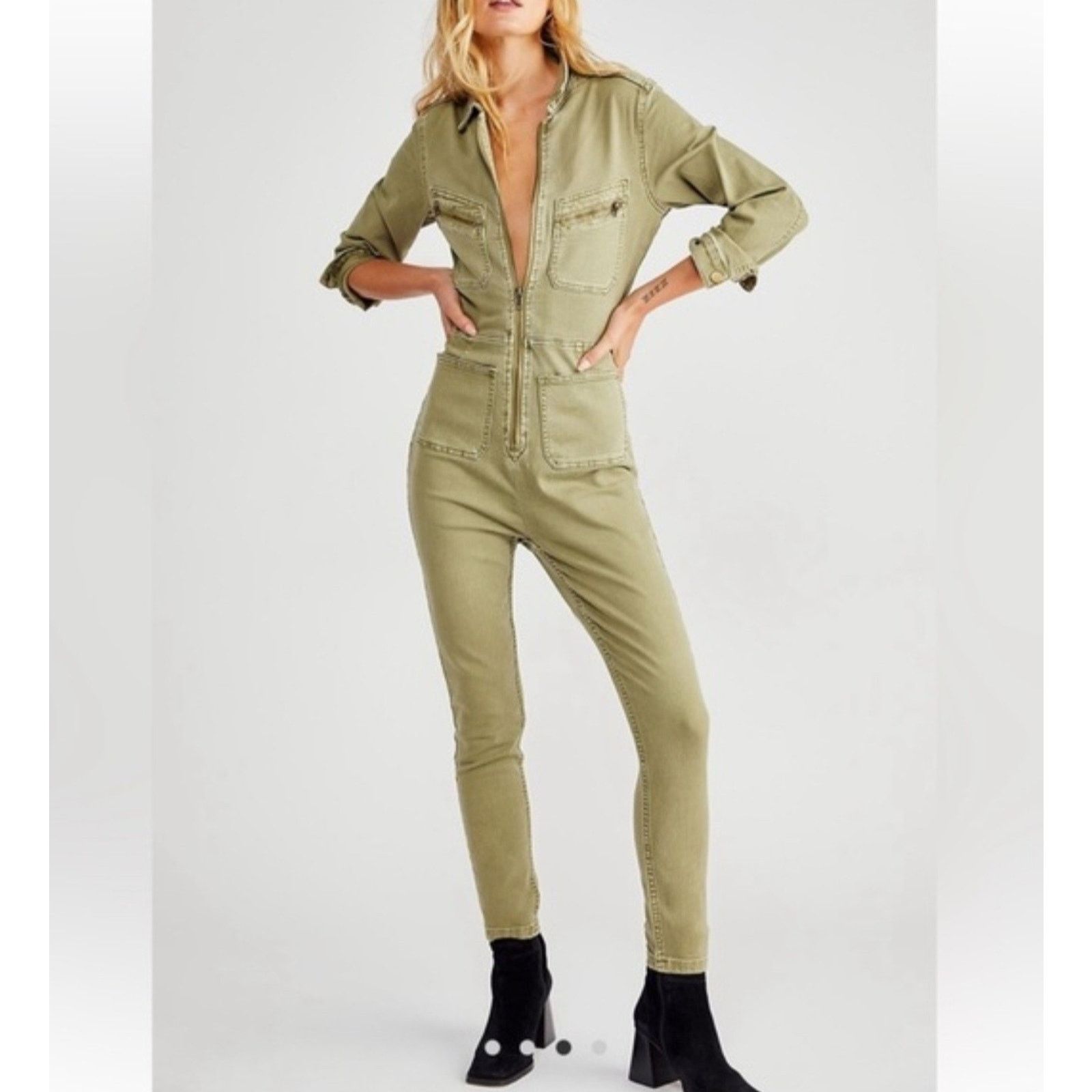 Free People Free People Lennox Denim Utility Jumpsuit Army Green Size S Size 26" / US 2 / IT 38 - 3 Thumbnail