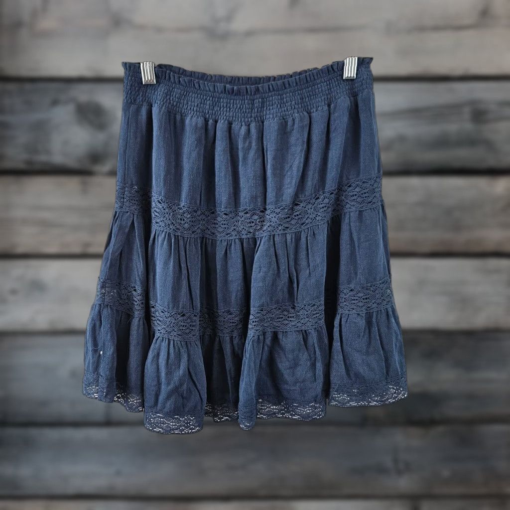 Vintage Skies Are Blue Skirt Women Medium Solid Blue Linen Rayon Lace Crochet A-Line Short Size 32" / US 10 / IT 46 - 1 Thumbnail