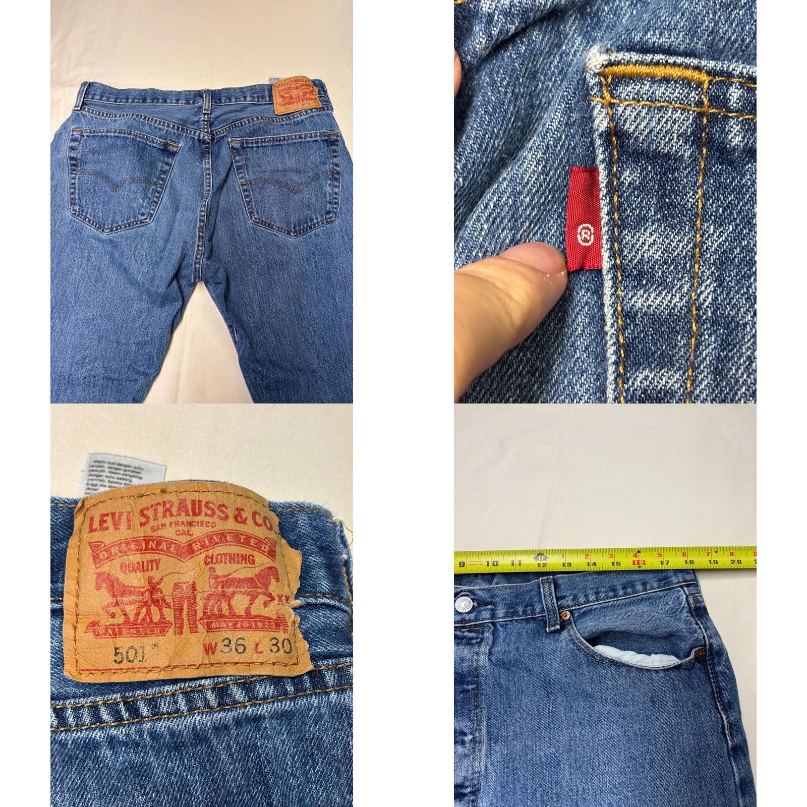 Vintage Levi's 501 Jeans Mens Medium Wash Button Fly Straight Leg 36x30 Denim Distressed Pocket Cotton Vintage-Style Regular Rise Mid Size US 36 / EU 52 - 8 Thumbnail