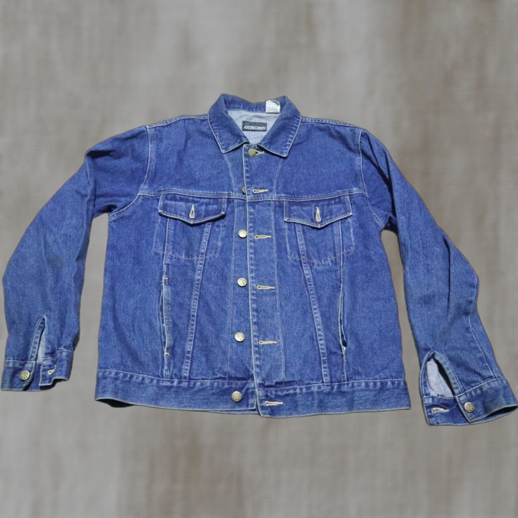 Vintage Expressions Denim Jacket Blue Jean Button Down Two Breast Pockets Leather Collar & Accents Mens Size M Vintage Classic Jean Jacket Size US 31 - 1 Thumbnail