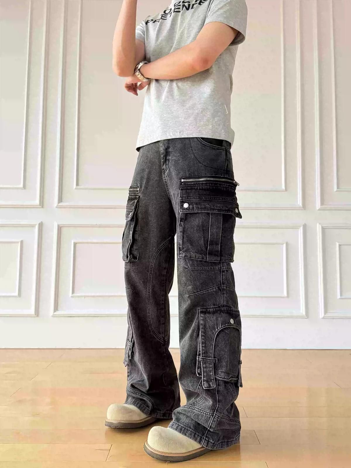 Other Gray Washed Cargo Wide Leg Jeans Size US 30 / EU 46 - 4 Thumbnail