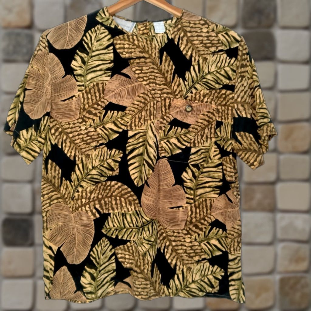 Liz Claiborne VINTAGE Liz Claiborne Blouse Women's Small Silk Short Sleeve Black Palms 90s Beachy Nature Size M / US 6-8 / IT 42-44 - 1 Thumbnail