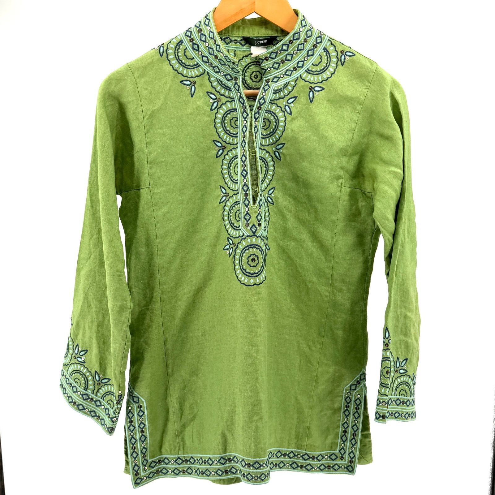 J.Crew Lime Green 100% Linen Embroidered Sequin Long Sleeve Tunic Size S / US 4 / IT 40 - 1 Thumbnail