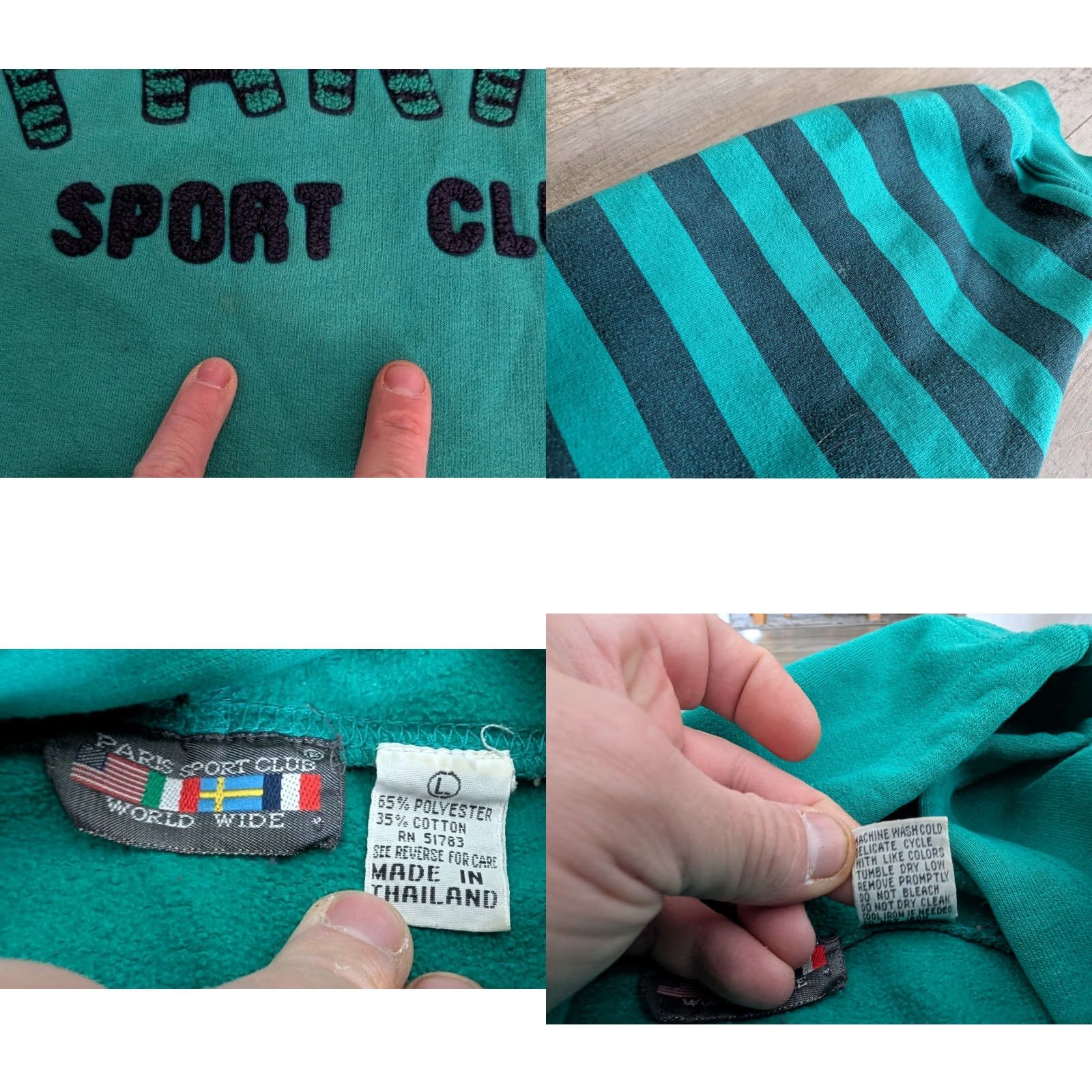 Vintage VINTAGE Paris Sport Club Hoodie Striped Sleeves Womens Oversized L 90’s Paris Graphic Print Fleece Pullover Size L / US 10 / IT 46 - 8 Thumbnail