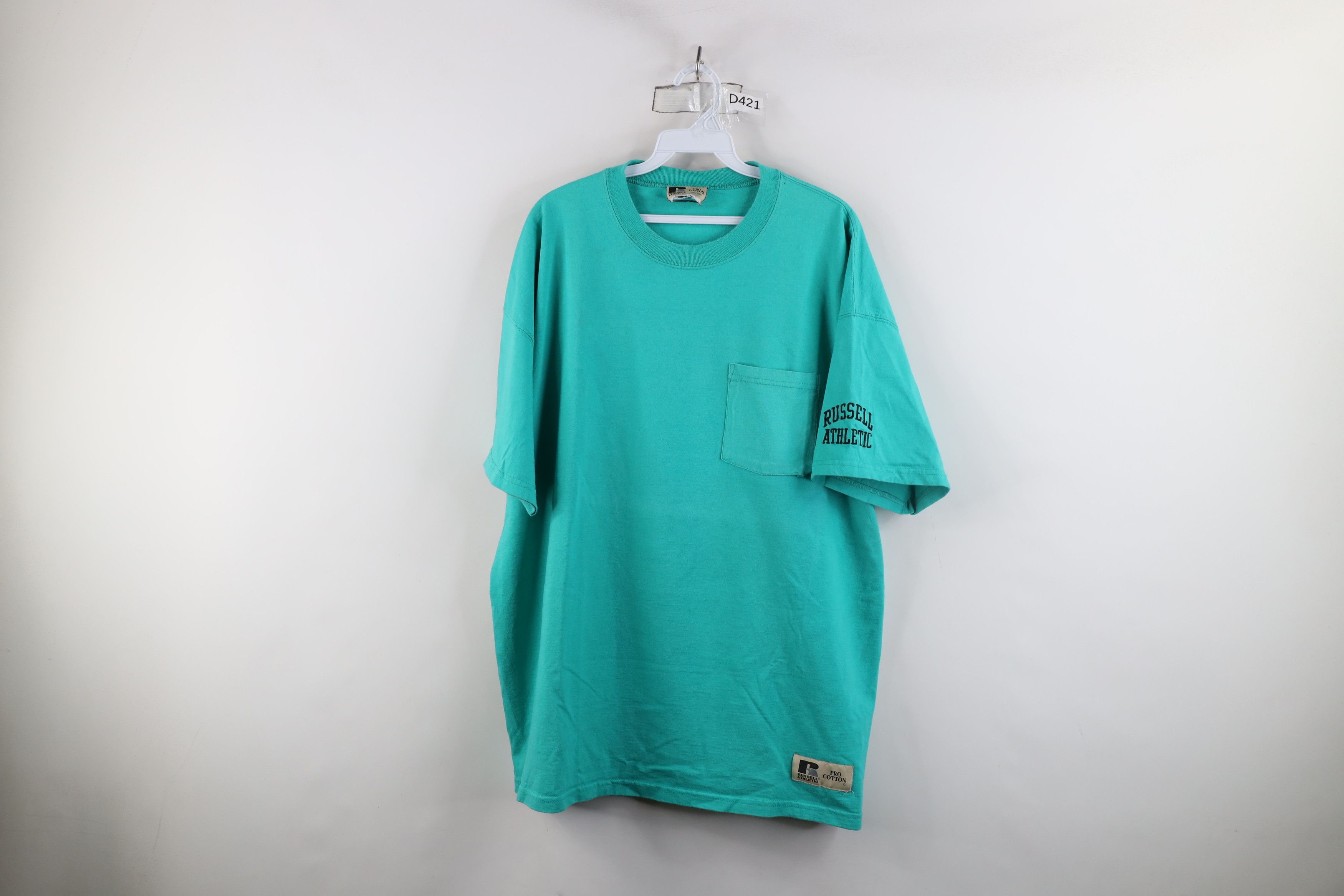 Russell Athletic × Vintage Vintage 90s Russell Athletic Heavyweight Cotton T-Shirt Teal Size US XL / EU 56 / 4 - 1 Thumbnail